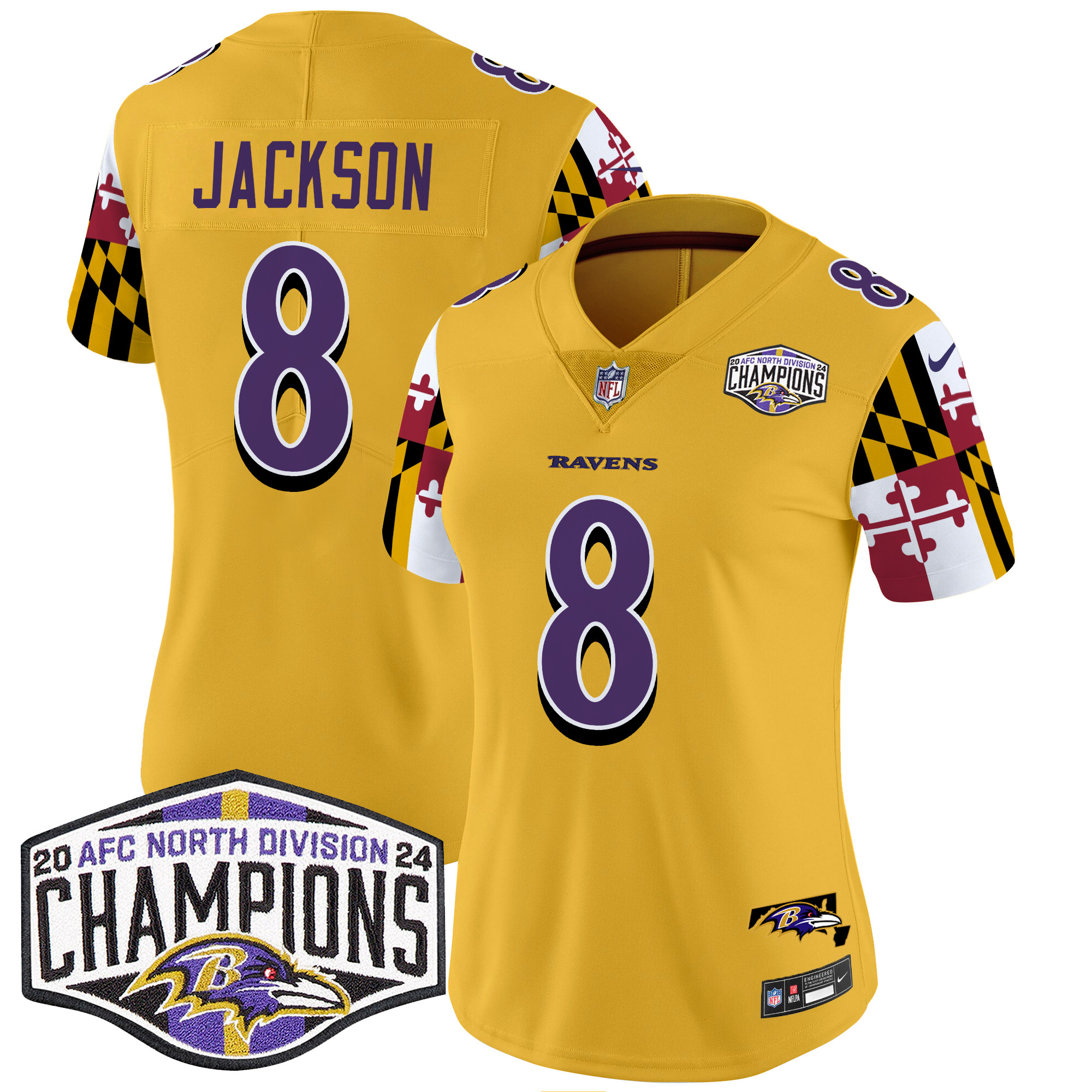 Women's Ravens Maryland Flag 2024 AFC North Division Champions Patch Vapor Limited Jersey - All Stitched - Image 29