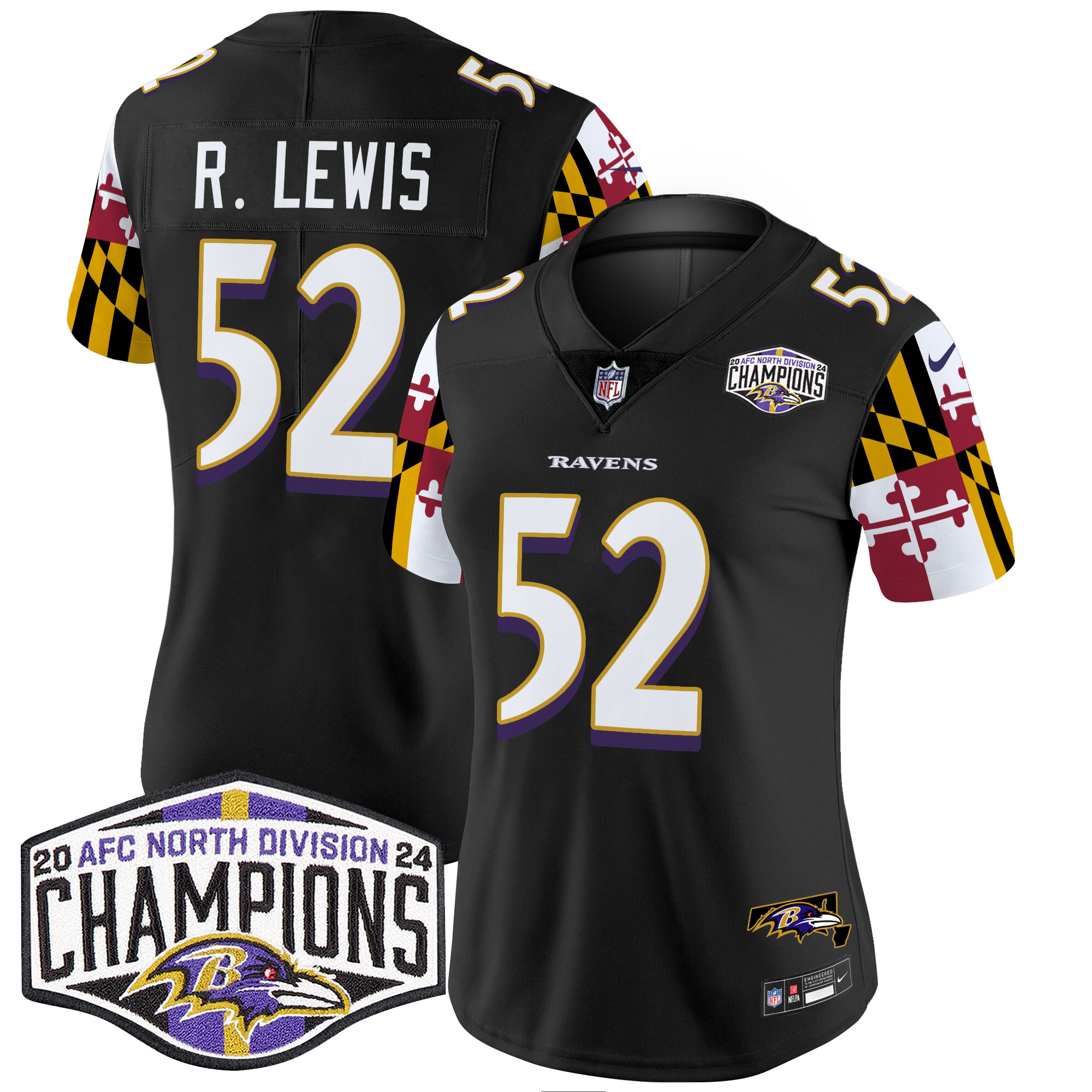 Women's Ravens Maryland Flag 2024 AFC North Division Champions Patch Vapor Limited Jersey - All Stitched - Image 24