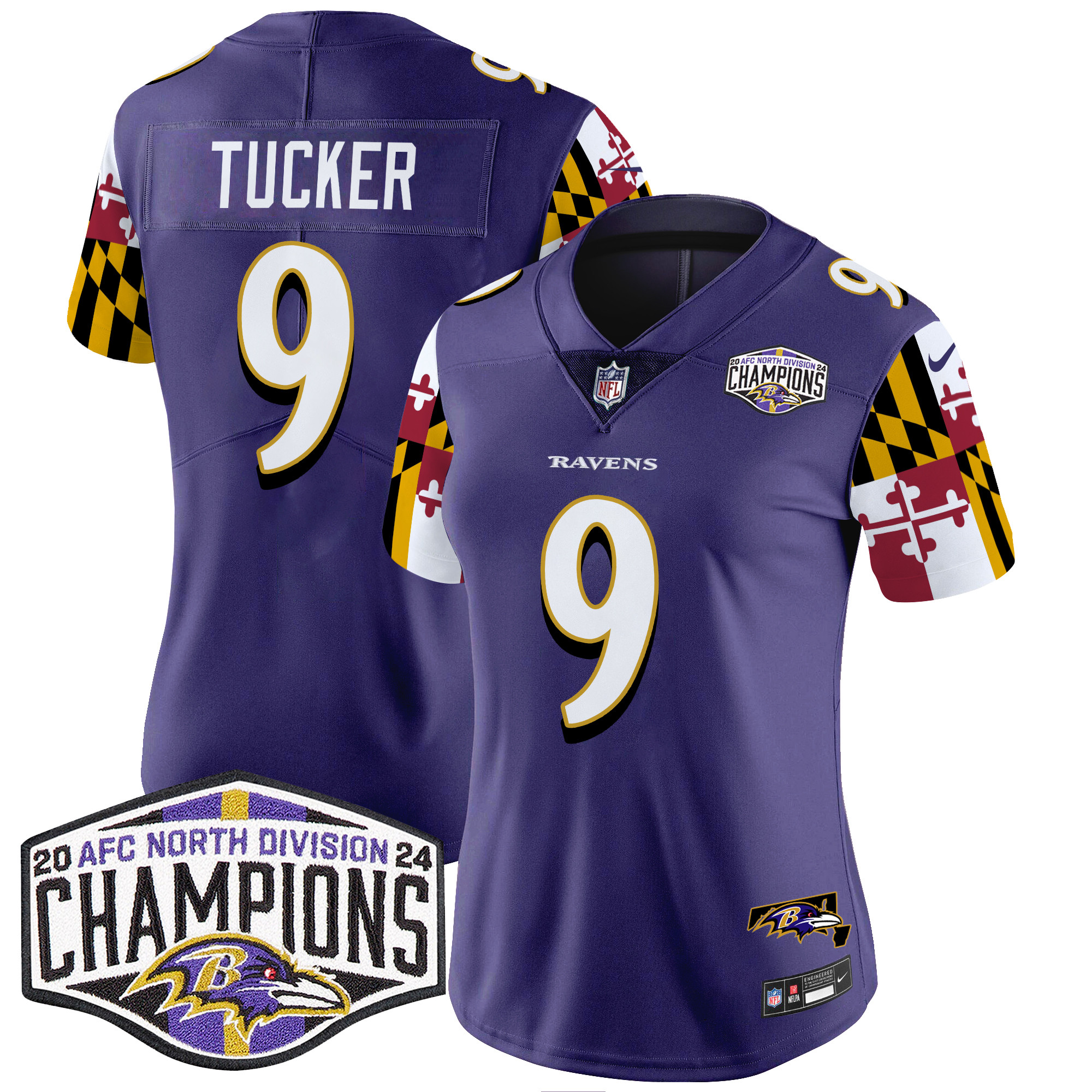 Women's Ravens Maryland Flag 2024 AFC North Division Champions Patch Vapor Limited Jersey - All Stitched - Image 3