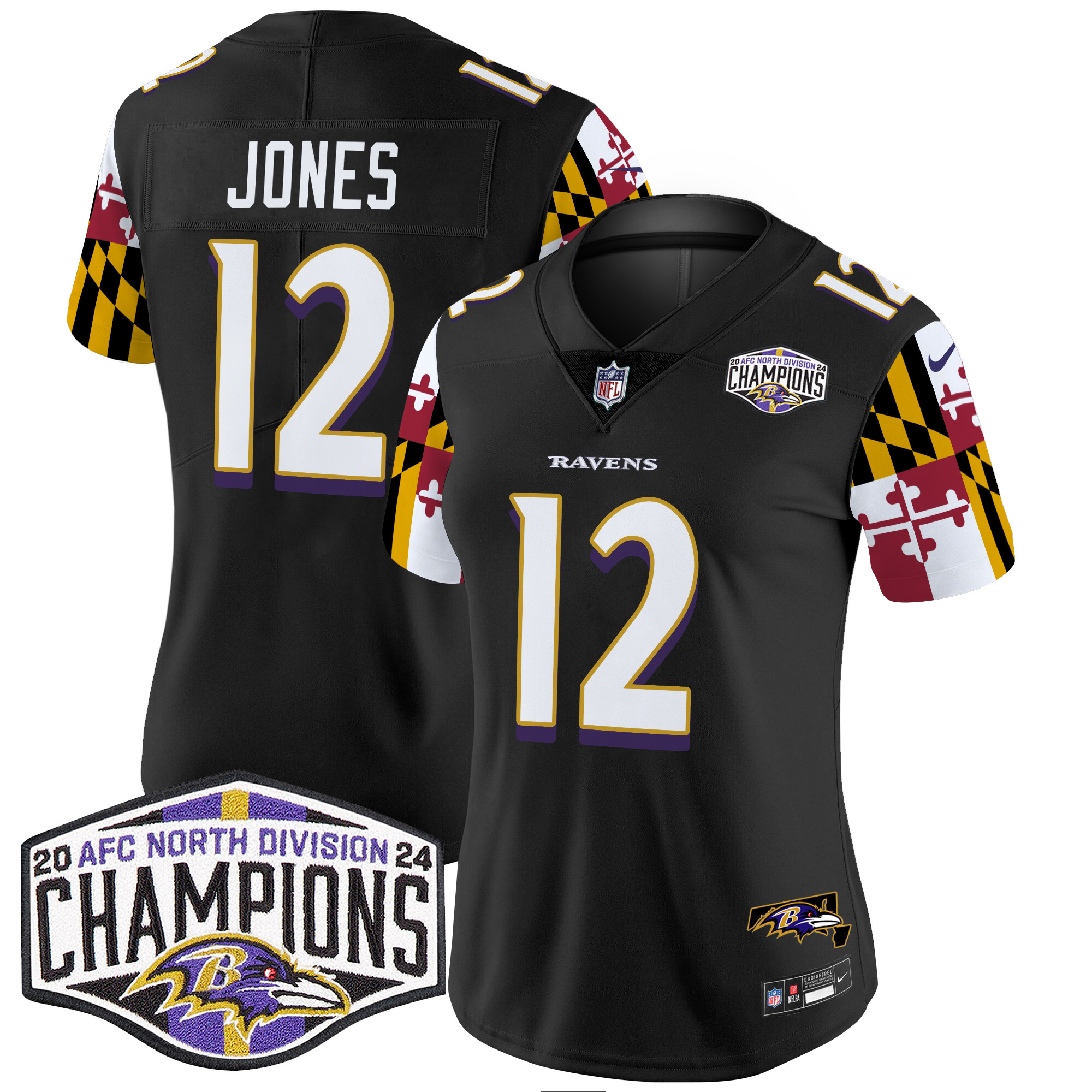 Women's Ravens Maryland Flag 2024 AFC North Division Champions Patch Vapor Limited Jersey - All Stitched - Image 26