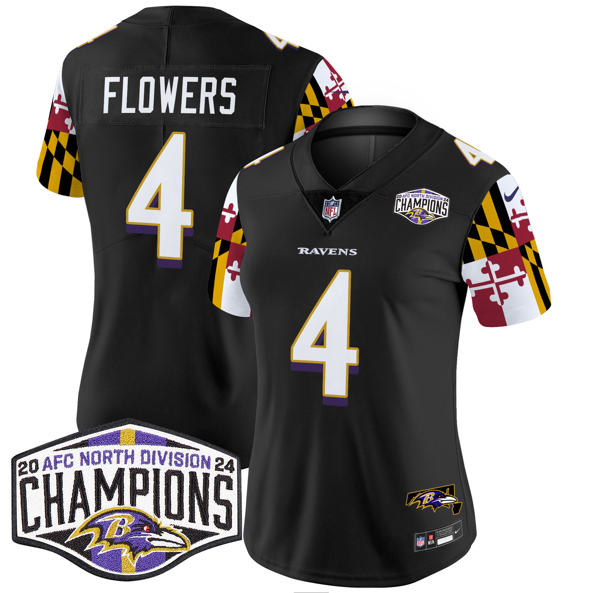 Women's Ravens Maryland Flag 2024 AFC North Division Champions Patch Vapor Limited Jersey - All Stitched - Image 25