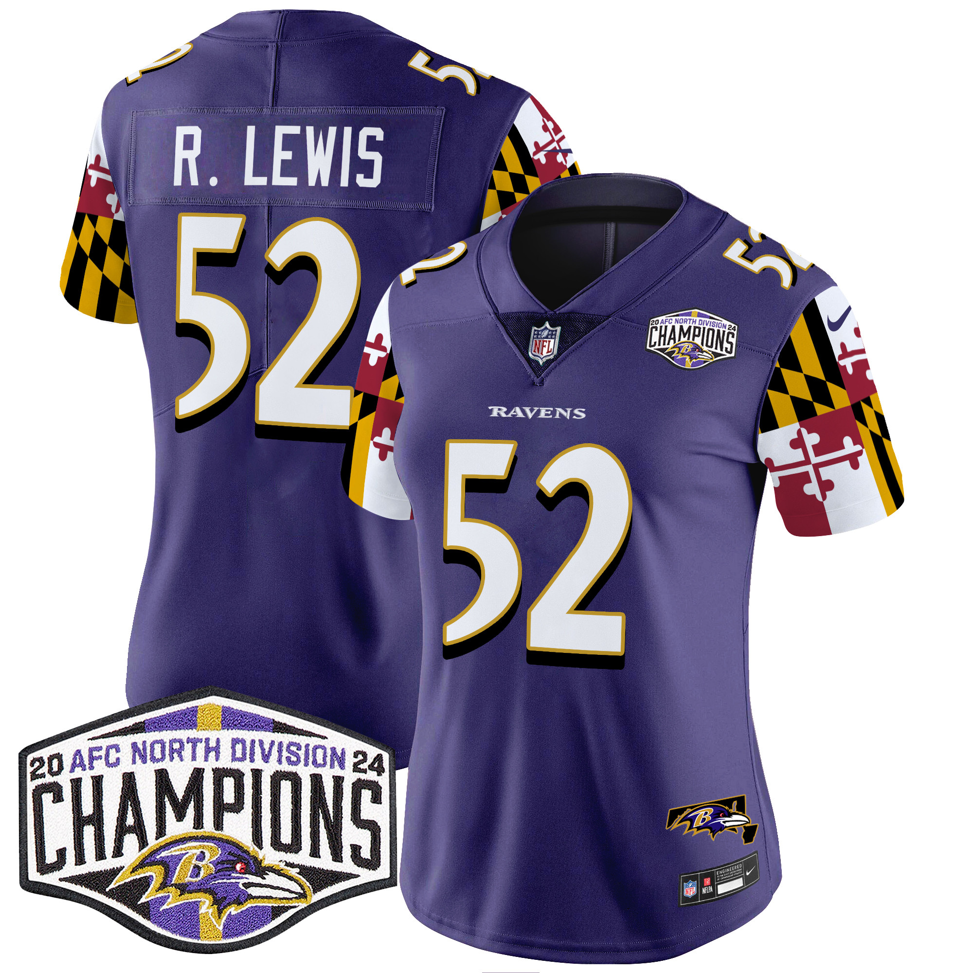 Women's Ravens Maryland Flag 2024 AFC North Division Champions Patch Vapor Limited Jersey - All Stitched - Image 6