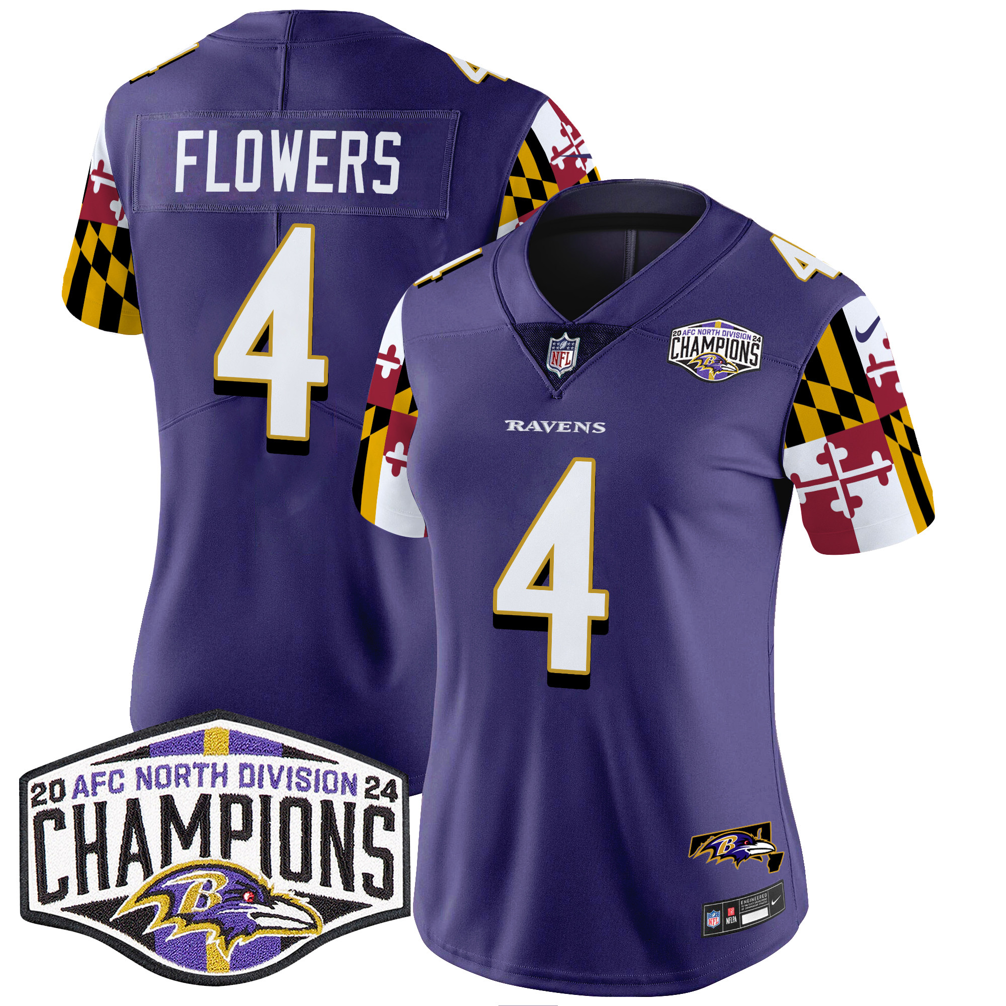 Women's Ravens Maryland Flag 2024 AFC North Division Champions Patch Vapor Limited Jersey - All Stitched - Image 7