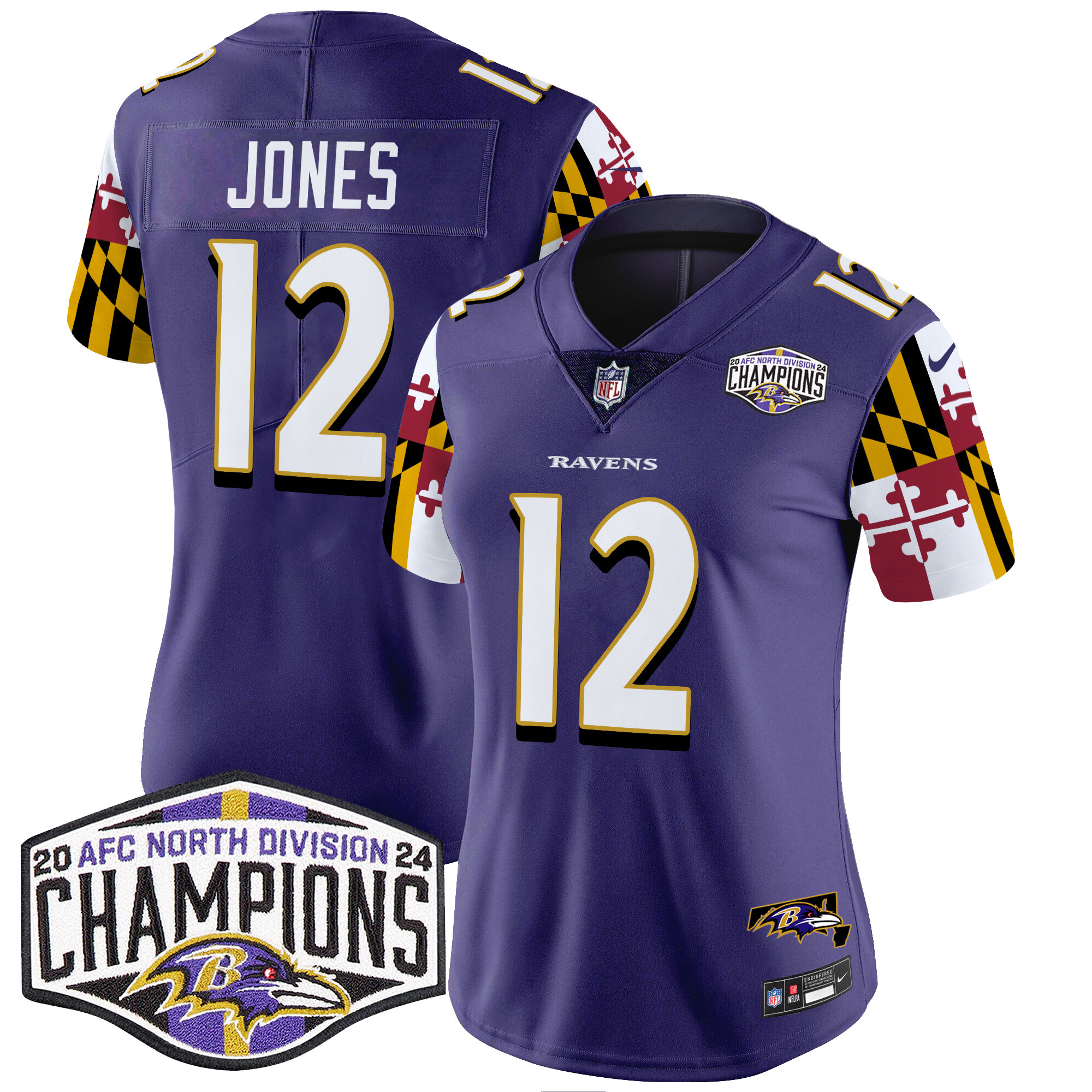 Women's Ravens Maryland Flag 2024 AFC North Division Champions Patch Vapor Limited Jersey - All Stitched - Image 8
