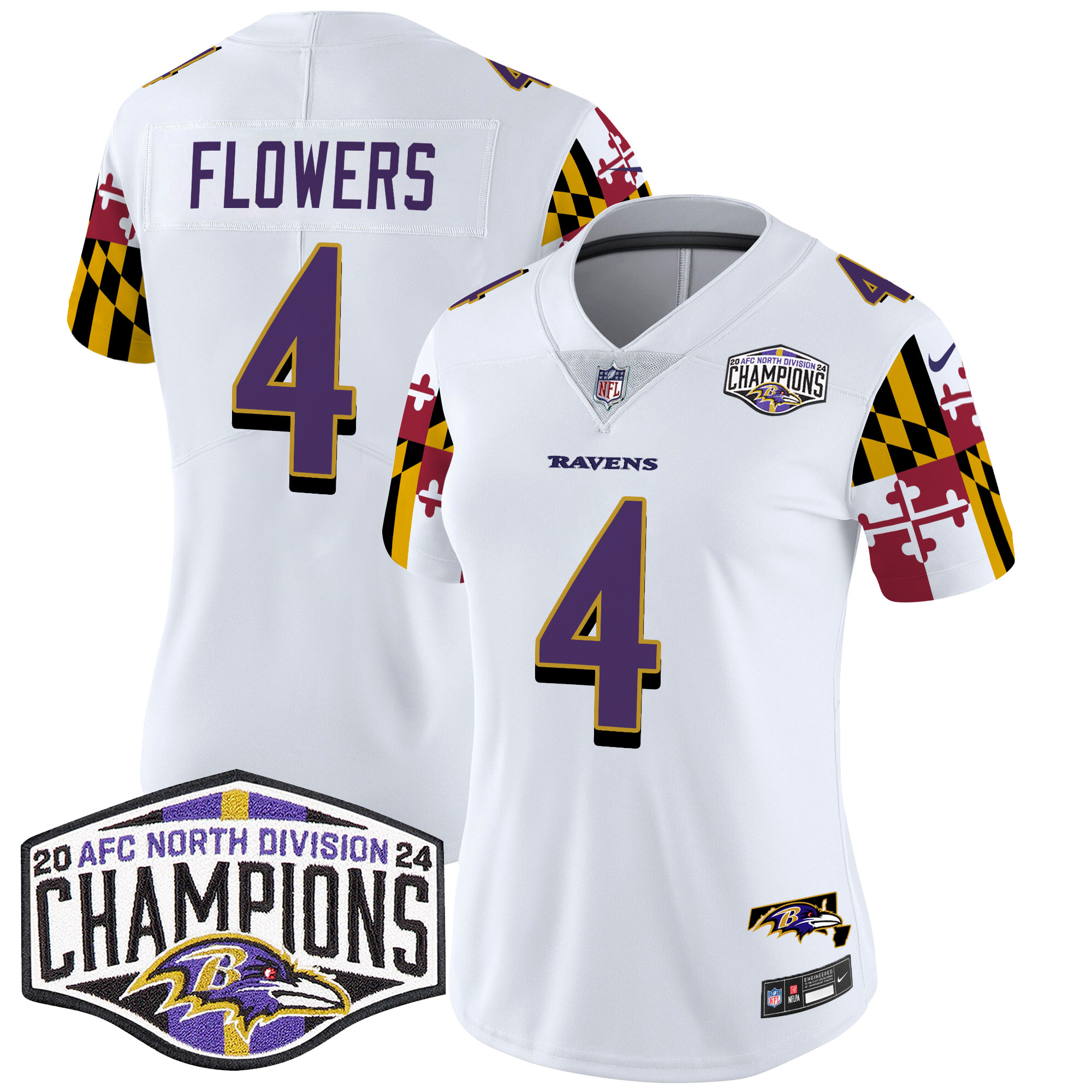 Women's Ravens Maryland Flag 2024 AFC North Division Champions Patch Vapor Limited Jersey - All Stitched - Image 16