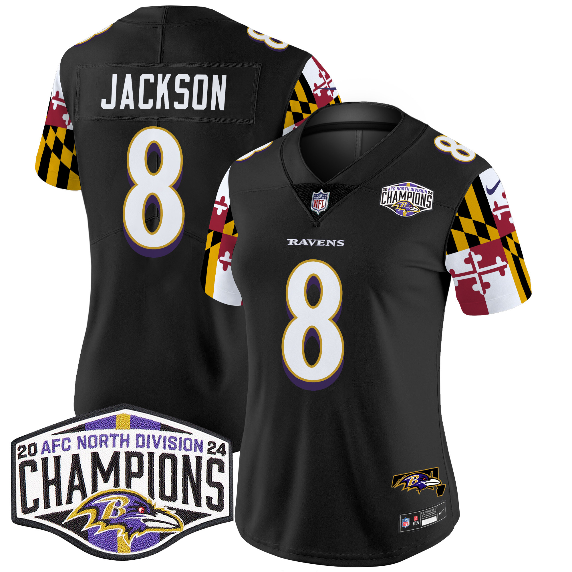 Women's Ravens Maryland Flag 2024 AFC North Division Champions Patch Vapor Limited Jersey - All Stitched - Image 20
