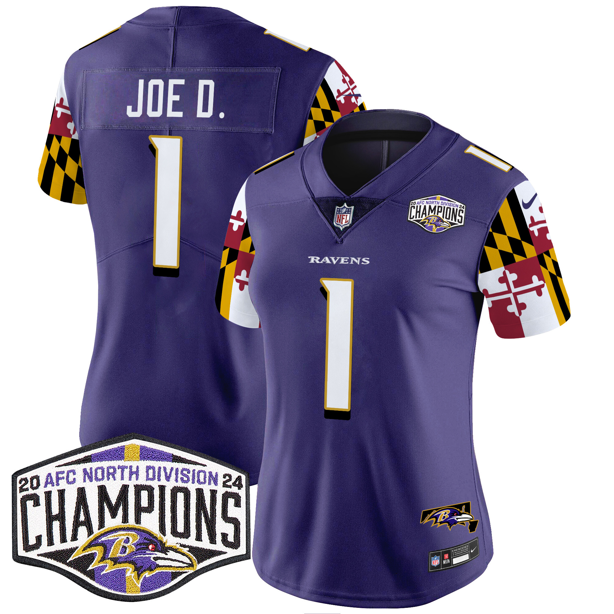 Women's Ravens Maryland Flag 2024 AFC North Division Champions Patch Vapor Limited Jersey - All Stitched - Image 9