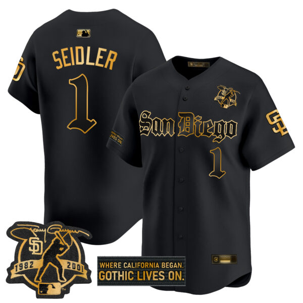 Men's San Diego Padres 'Gothic Edition' Gold Vapor Premier Limited Jersey - All Stitched - Image 7