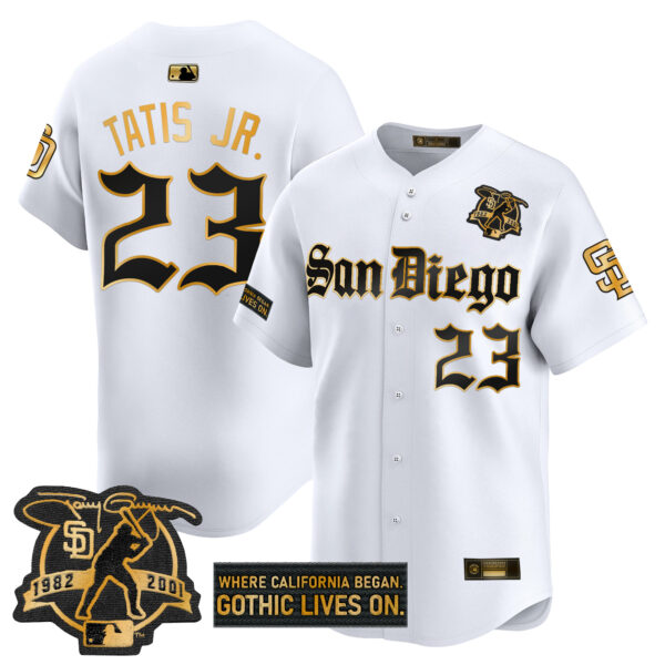Men's San Diego Padres 'Gothic Edition' Gold Vapor Premier Limited Jersey - All Stitched - Image 11