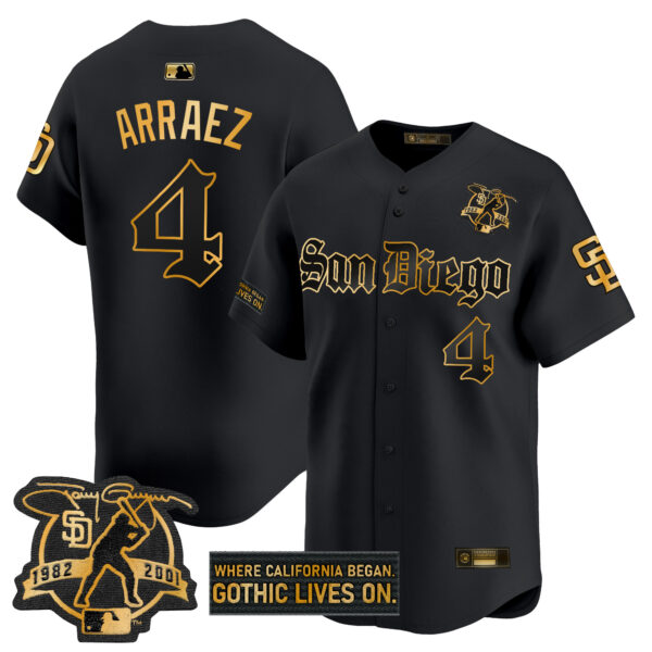 Men's San Diego Padres 'Gothic Edition' Gold Vapor Premier Limited Jersey - All Stitched - Image 5
