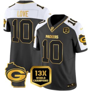 Men's Packers 13 Time World Champions & Home Patch Gold Vapor Jersey – All Stitched