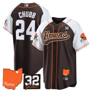 Men's Browns #32 Jim Brown Memorial & Home Patch Baseball Jersey - All Stitched