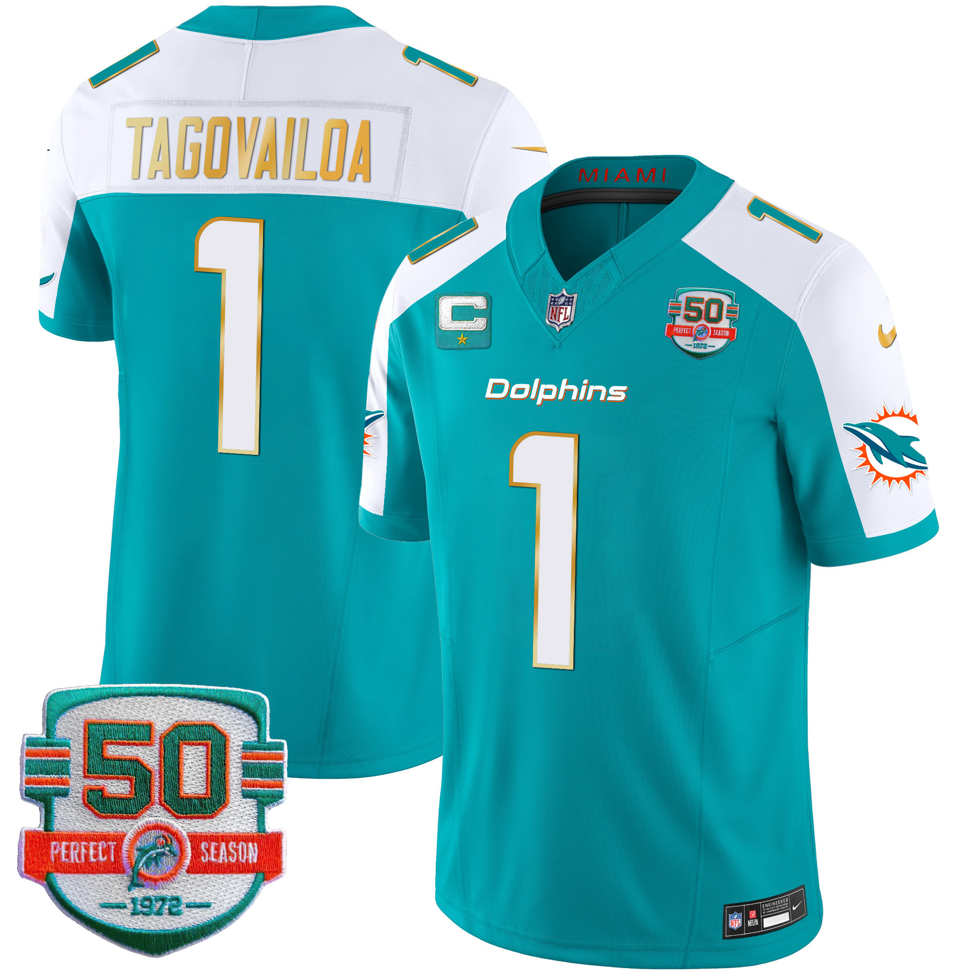 Men's Dolphins Gold Trim Vapor Limited Jersey - All Stitched - Image 9