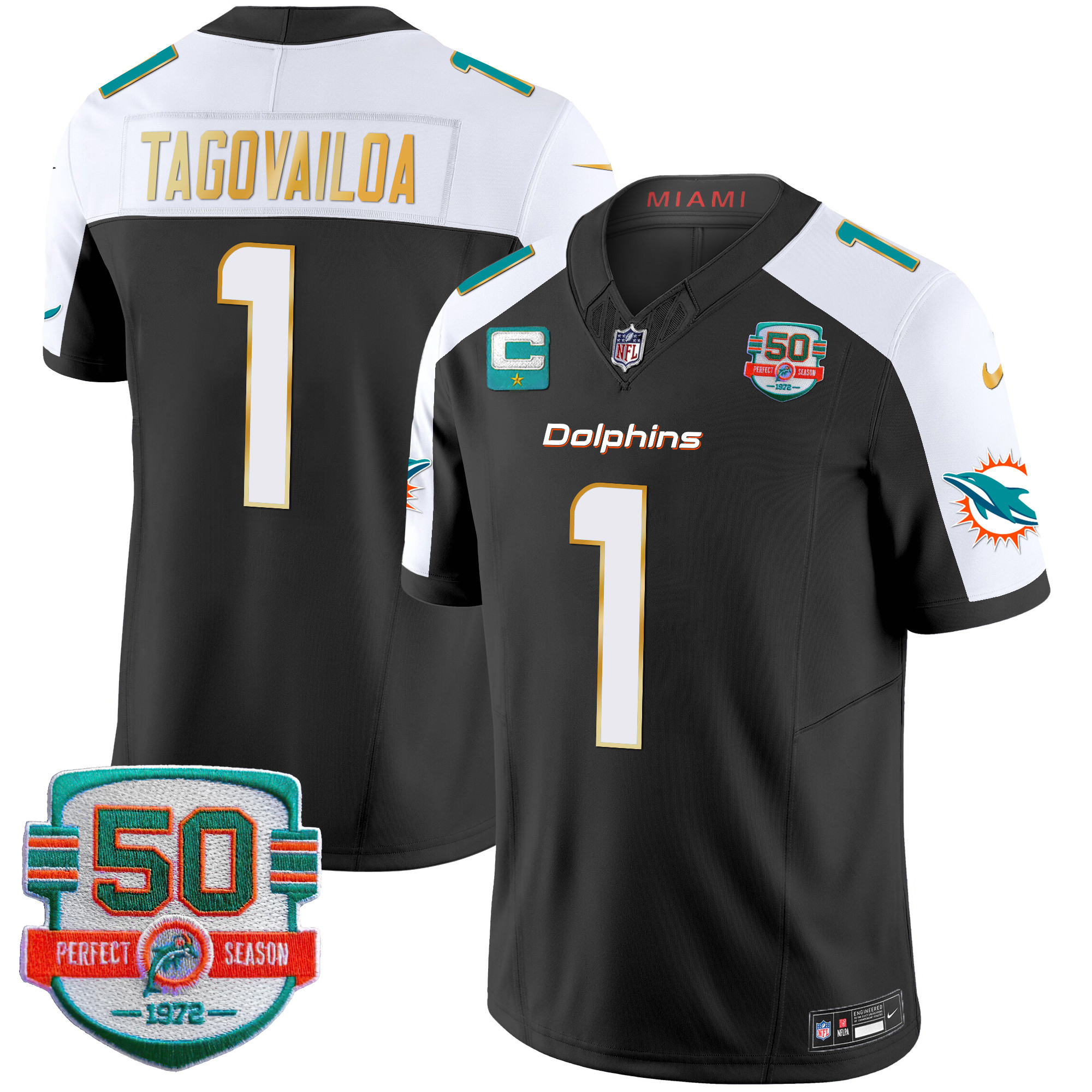 Men's Dolphins Gold Trim Vapor Limited Jersey - All Stitched