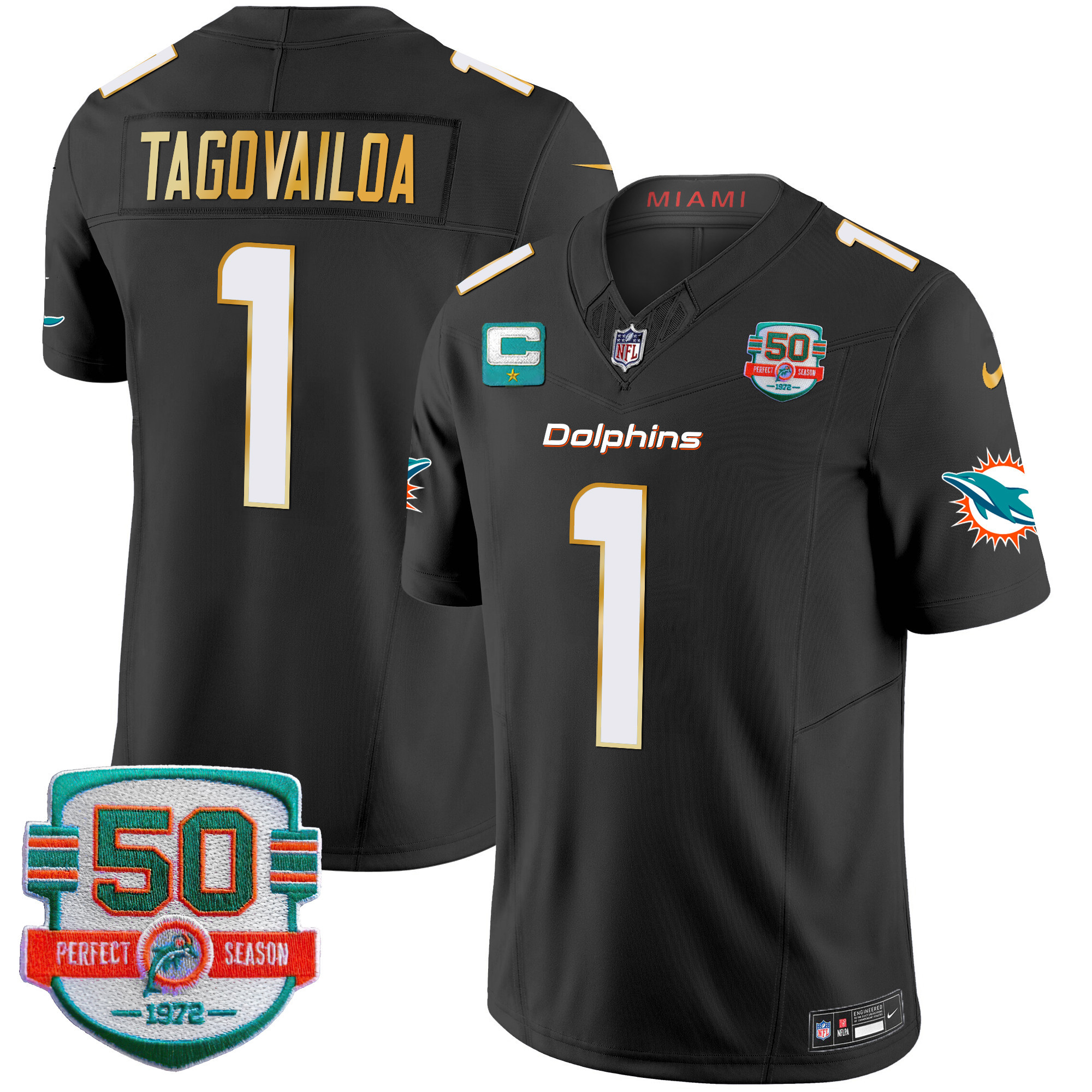 Men's Dolphins Gold Trim Vapor Limited Jersey - All Stitched - Image 33
