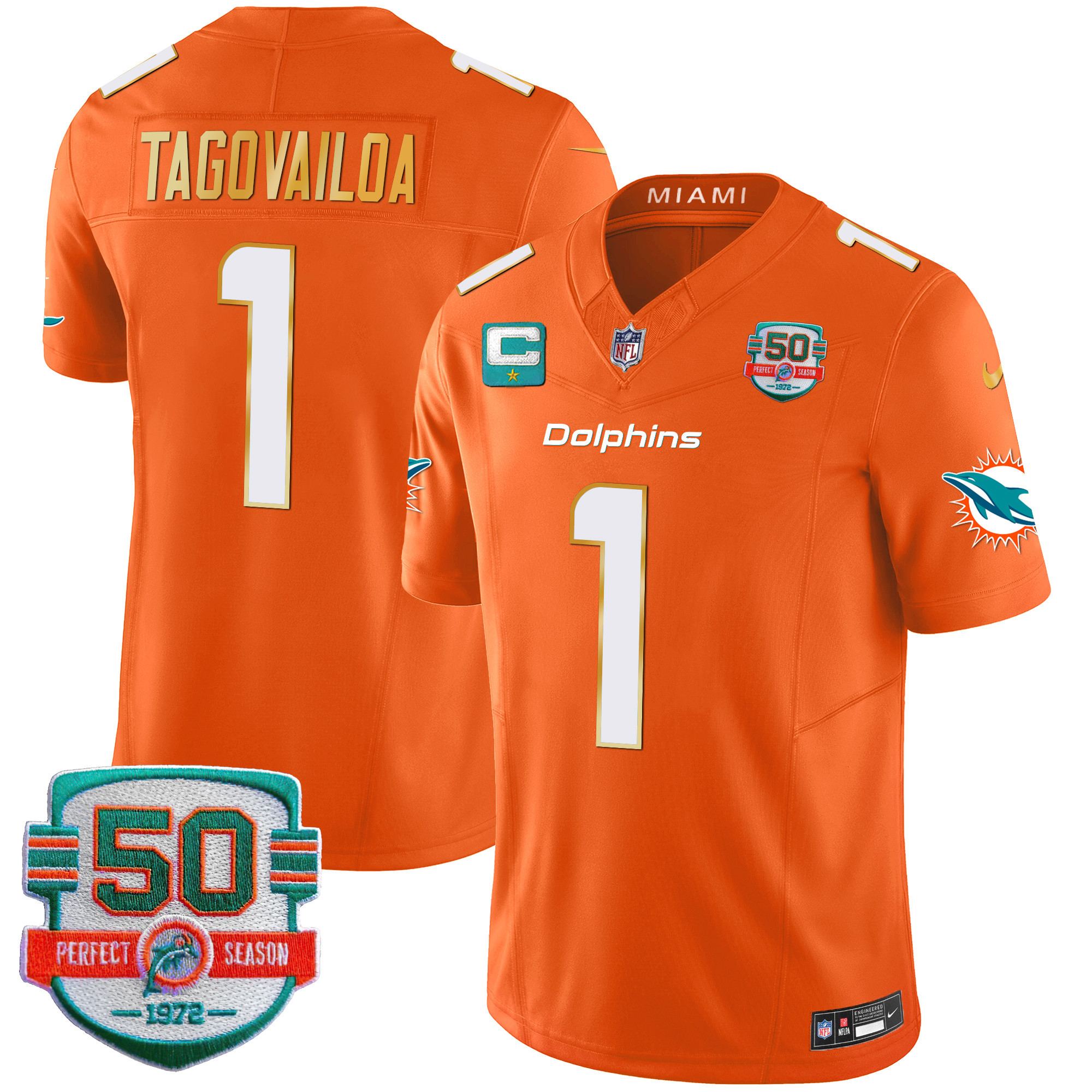 Men's Dolphins Gold Trim Vapor Limited Jersey - All Stitched - Image 41