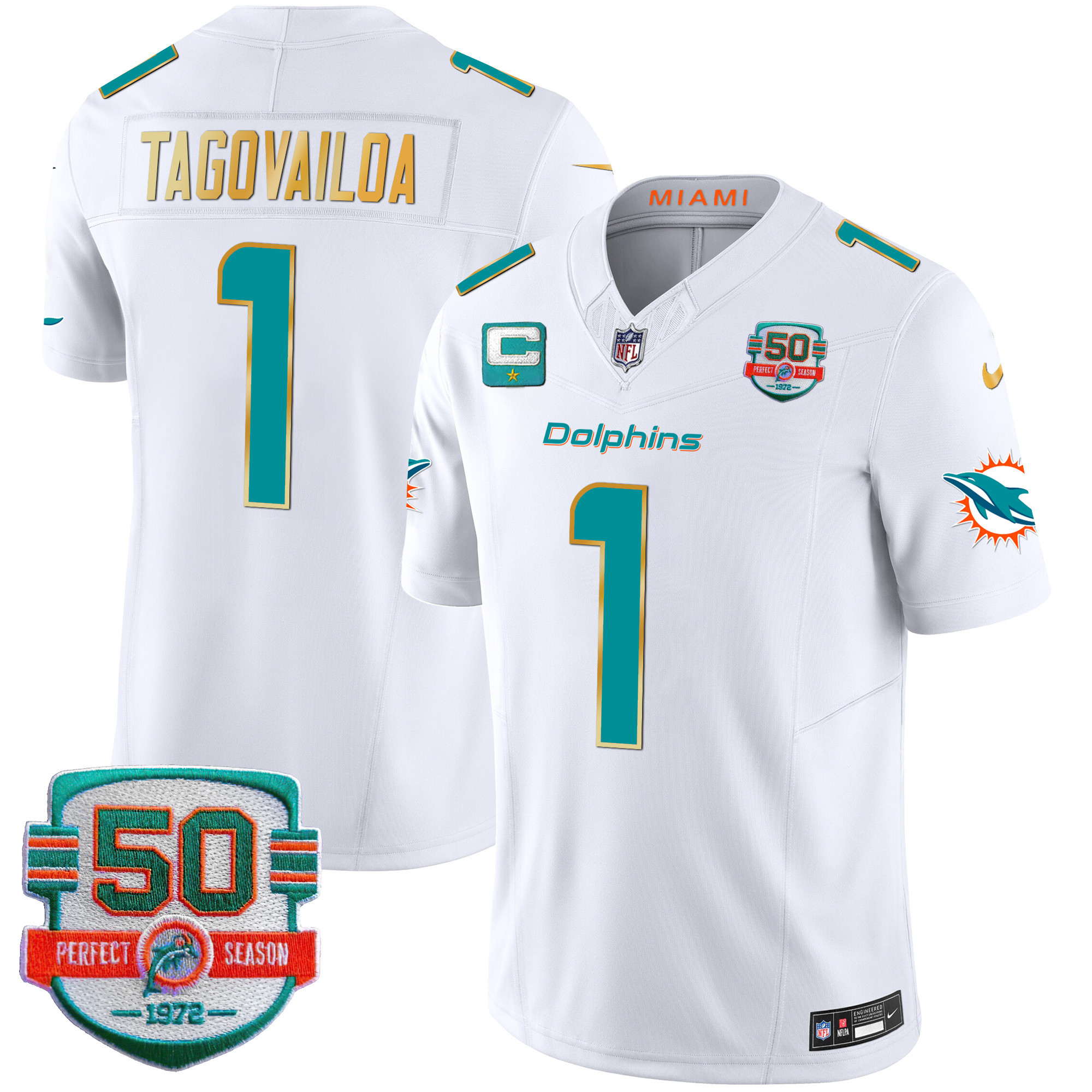 Men's Dolphins Gold Trim Vapor Limited Jersey - All Stitched - Image 25
