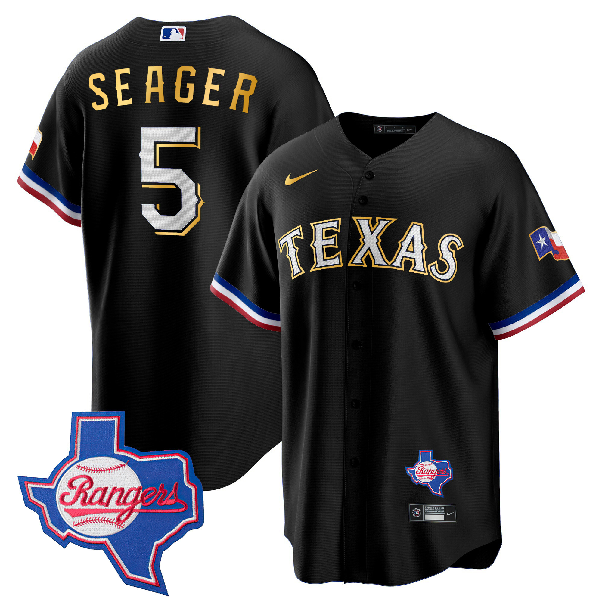 Men's Texas Rangers Gold Trim Cool Base Jersey - Texas Patch - All Stitched - Image 41