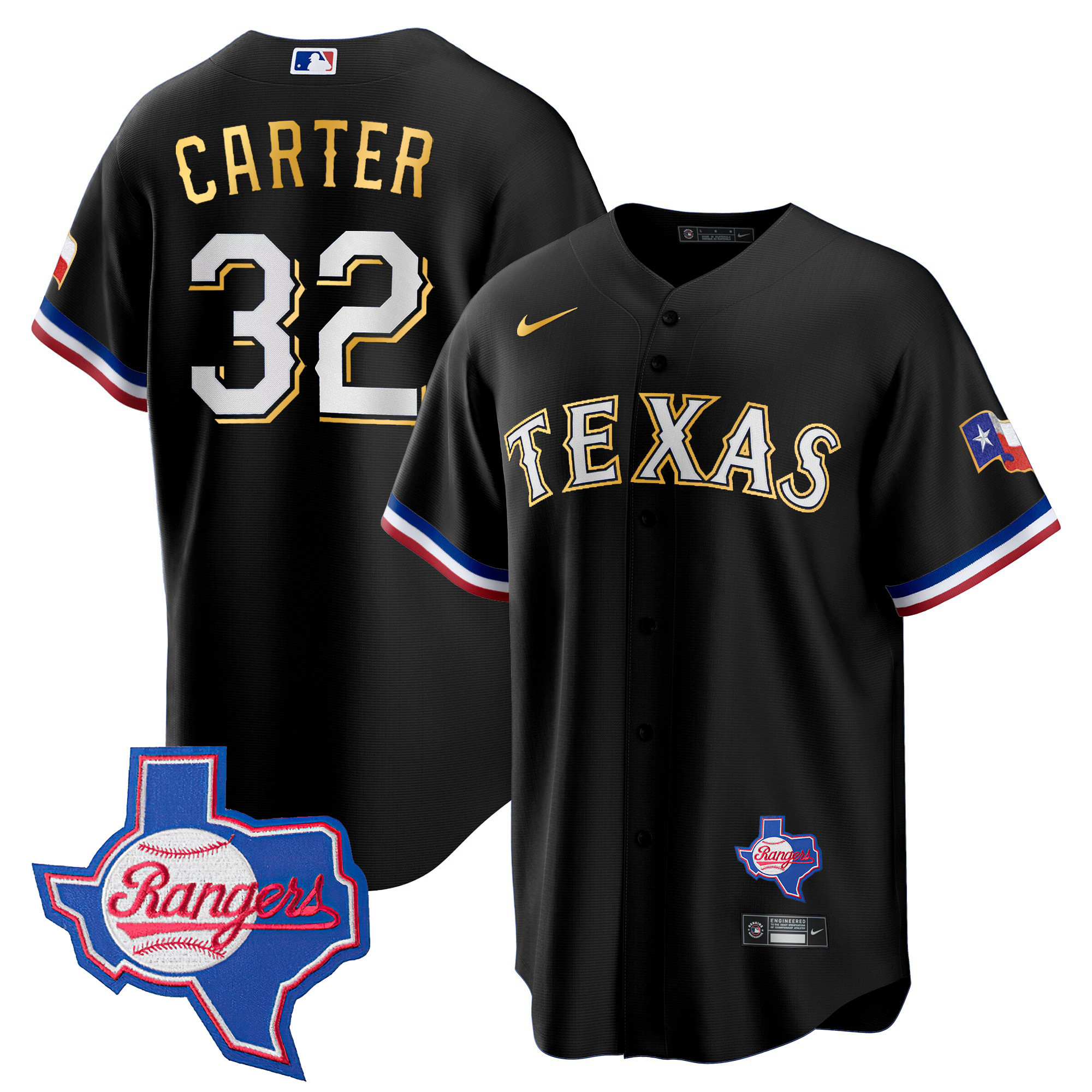 Men's Texas Rangers Gold Trim Cool Base Jersey - Texas Patch - All Stitched - Image 47