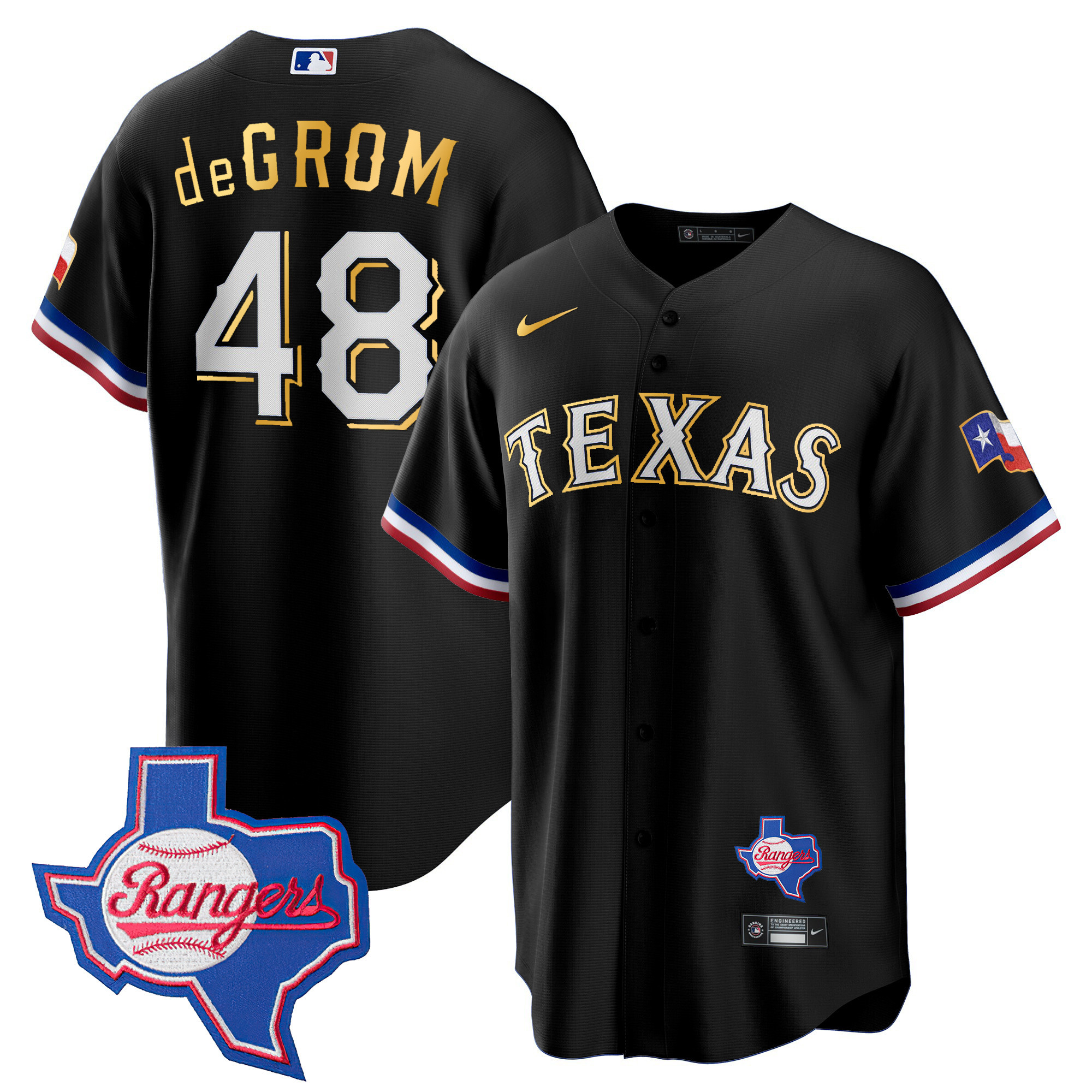 Men's Texas Rangers Gold Trim Cool Base Jersey - Texas Patch - All Stitched - Image 43