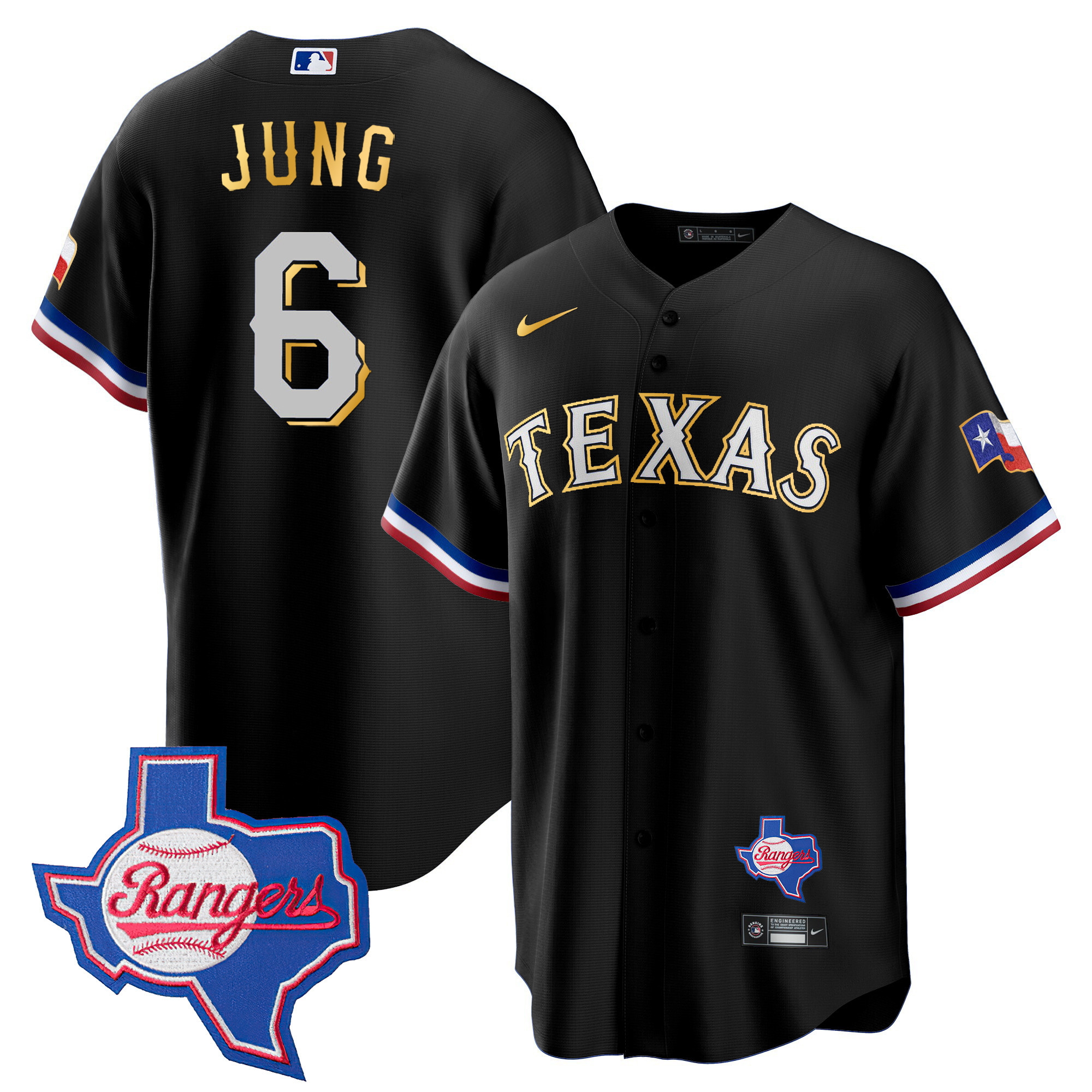 Men's Texas Rangers Gold Trim Cool Base Jersey - Texas Patch - All Stitched - Image 46