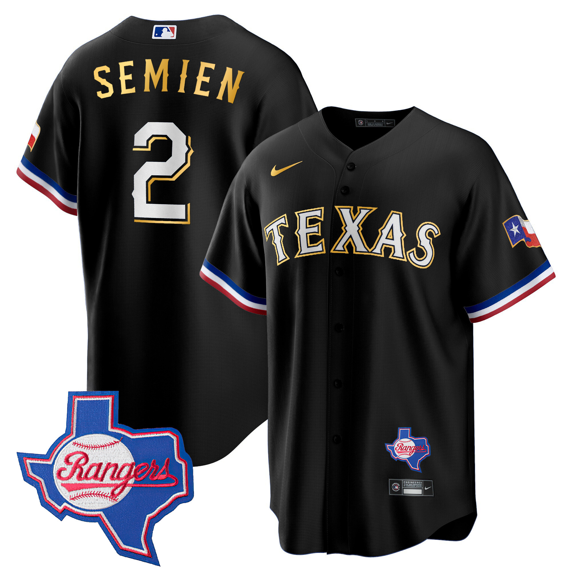 Men's Texas Rangers Gold Trim Cool Base Jersey - Texas Patch - All Stitched - Image 42