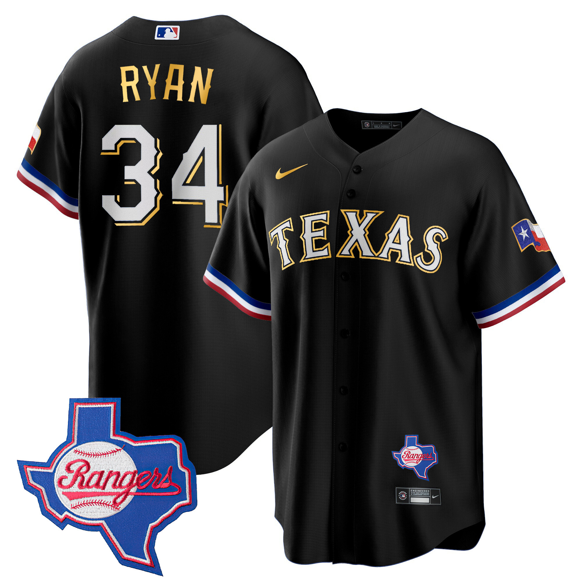 Men's Texas Rangers Gold Trim Cool Base Jersey - Texas Patch - All Stitched - Image 49