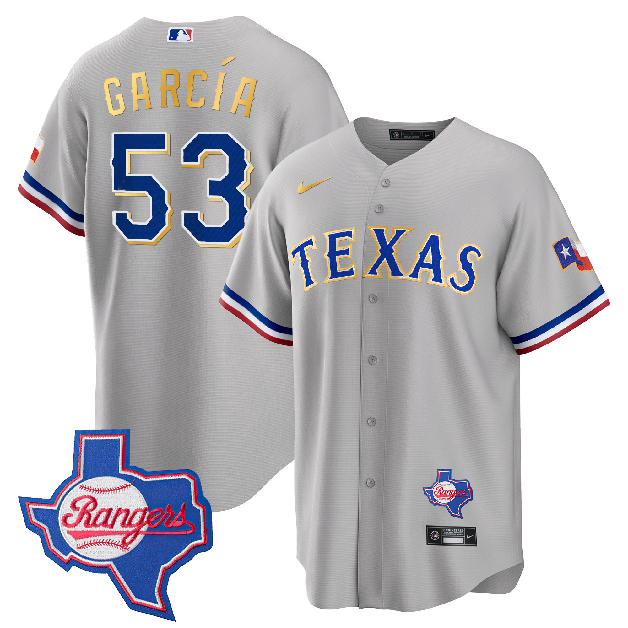 Men's Texas Rangers Gold Trim Cool Base Jersey - Texas Patch - All Stitched - Image 25