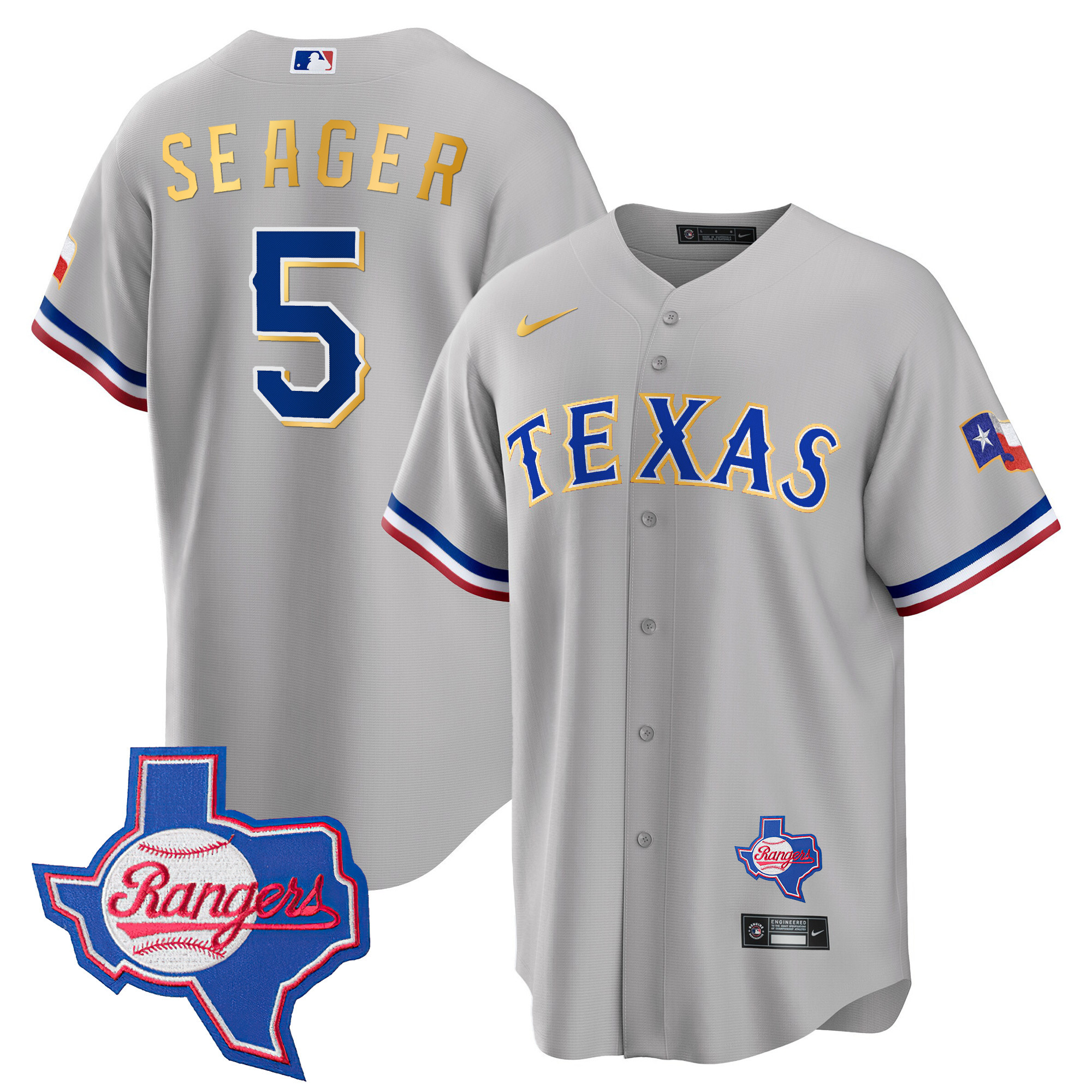 Men's Texas Rangers Gold Trim Cool Base Jersey - Texas Patch - All Stitched - Image 21