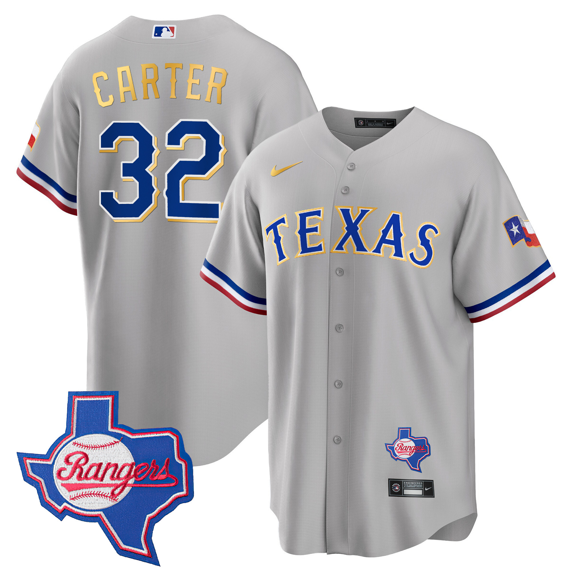 Men's Texas Rangers Gold Trim Cool Base Jersey - Texas Patch - All Stitched - Image 27