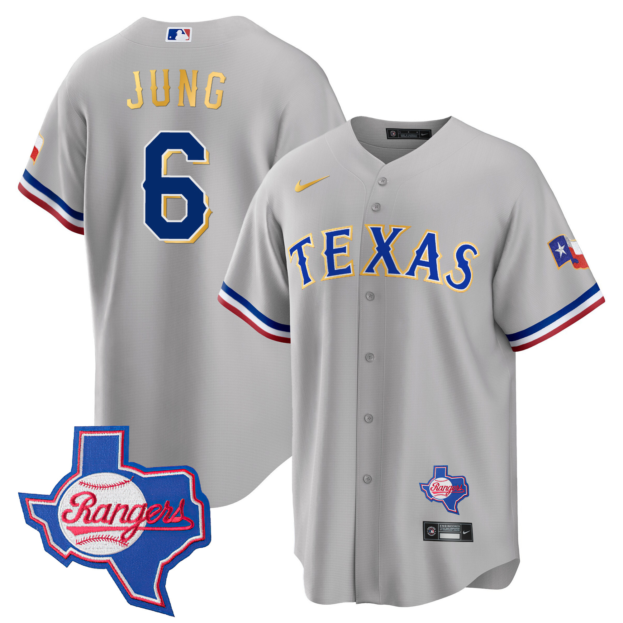 Men's Texas Rangers Gold Trim Cool Base Jersey - Texas Patch - All Stitched - Image 26