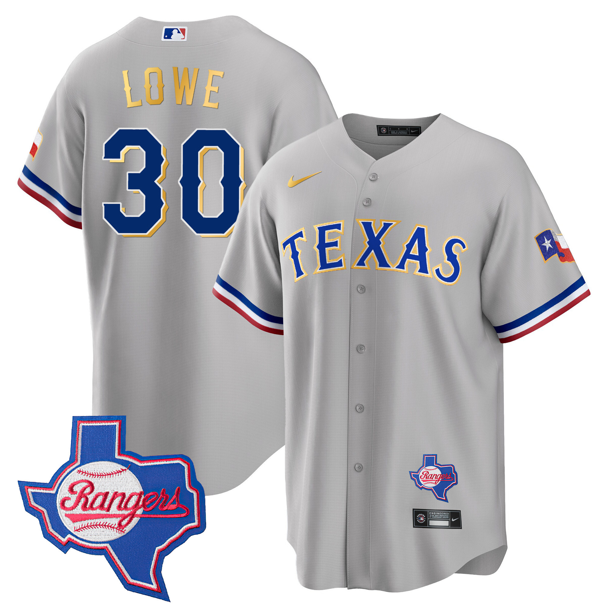 Men's Texas Rangers Gold Trim Cool Base Jersey - Texas Patch - All Stitched - Image 24