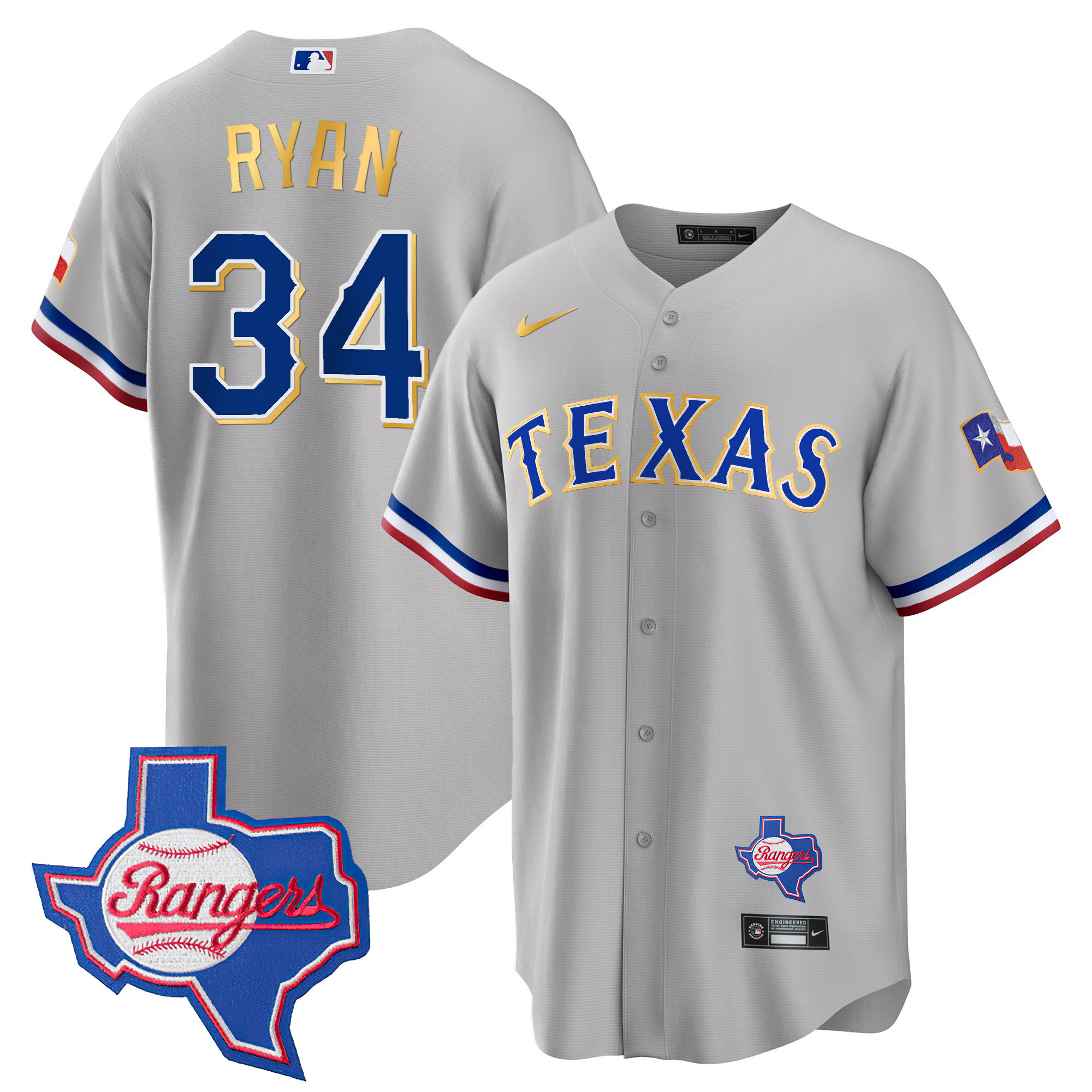 Men's Texas Rangers Gold Trim Cool Base Jersey - Texas Patch - All Stitched - Image 29