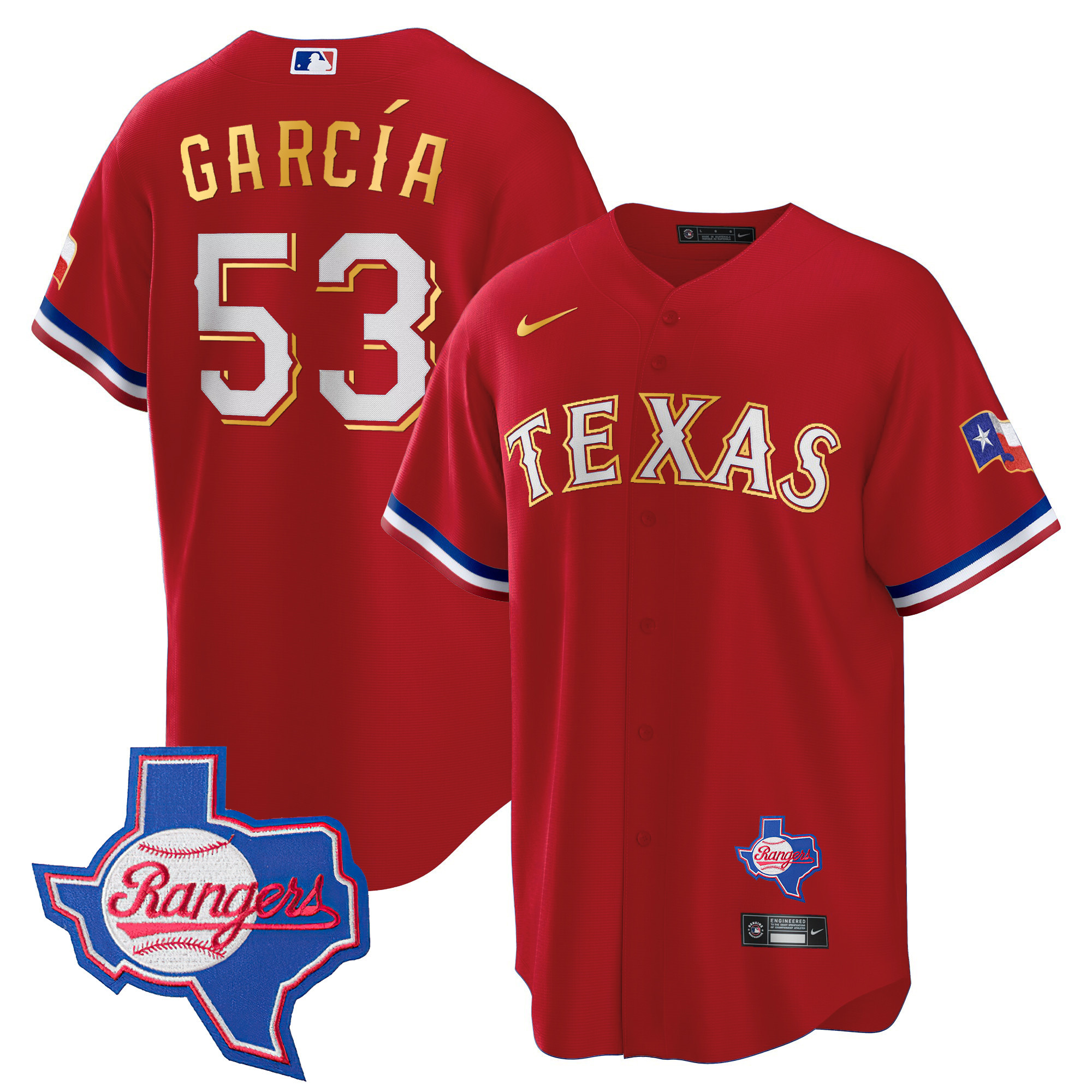 Men's Texas Rangers Gold Trim Cool Base Jersey - Texas Patch - All Stitched - Image 15