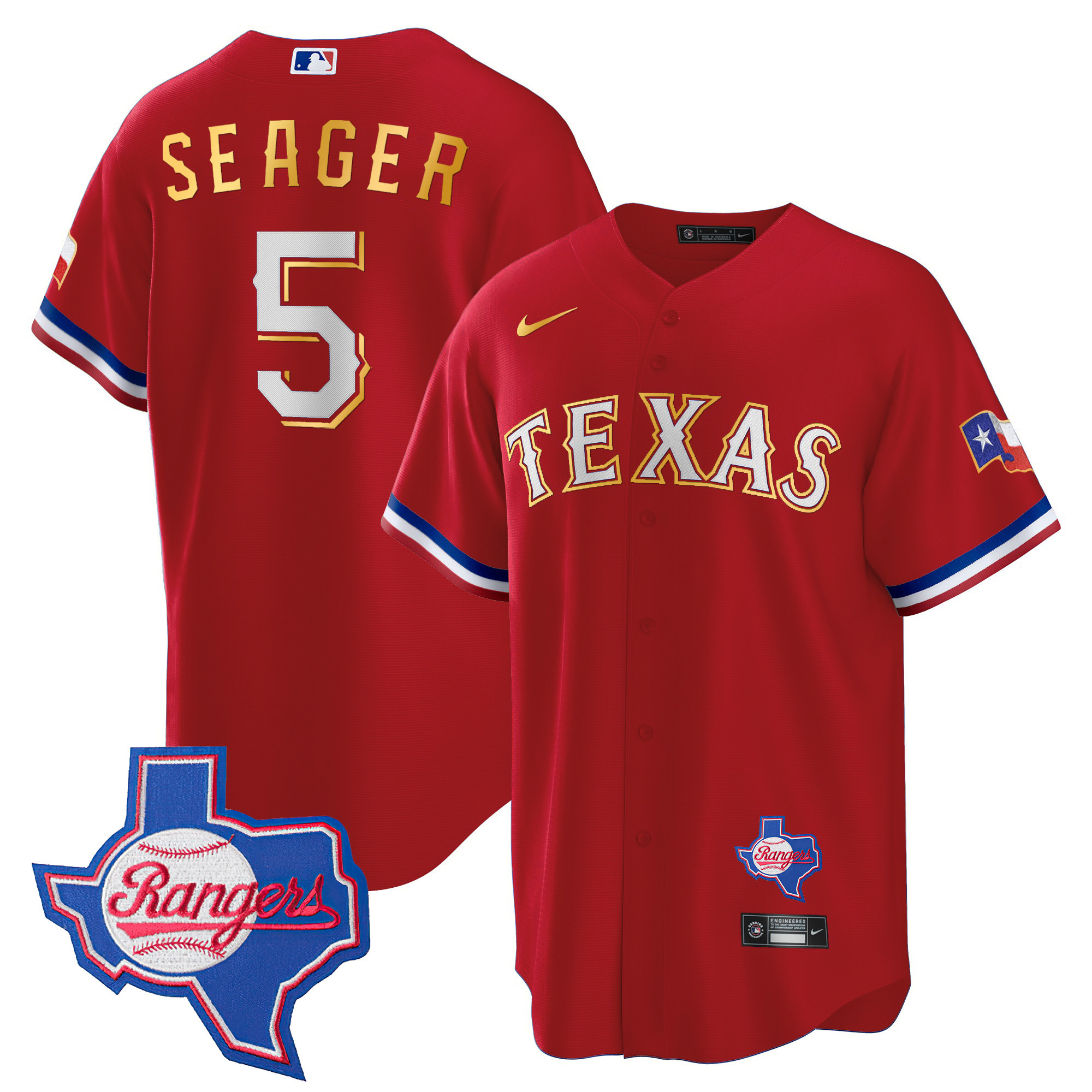 Men's Texas Rangers Gold Trim Cool Base Jersey - Texas Patch - All Stitched - Image 11