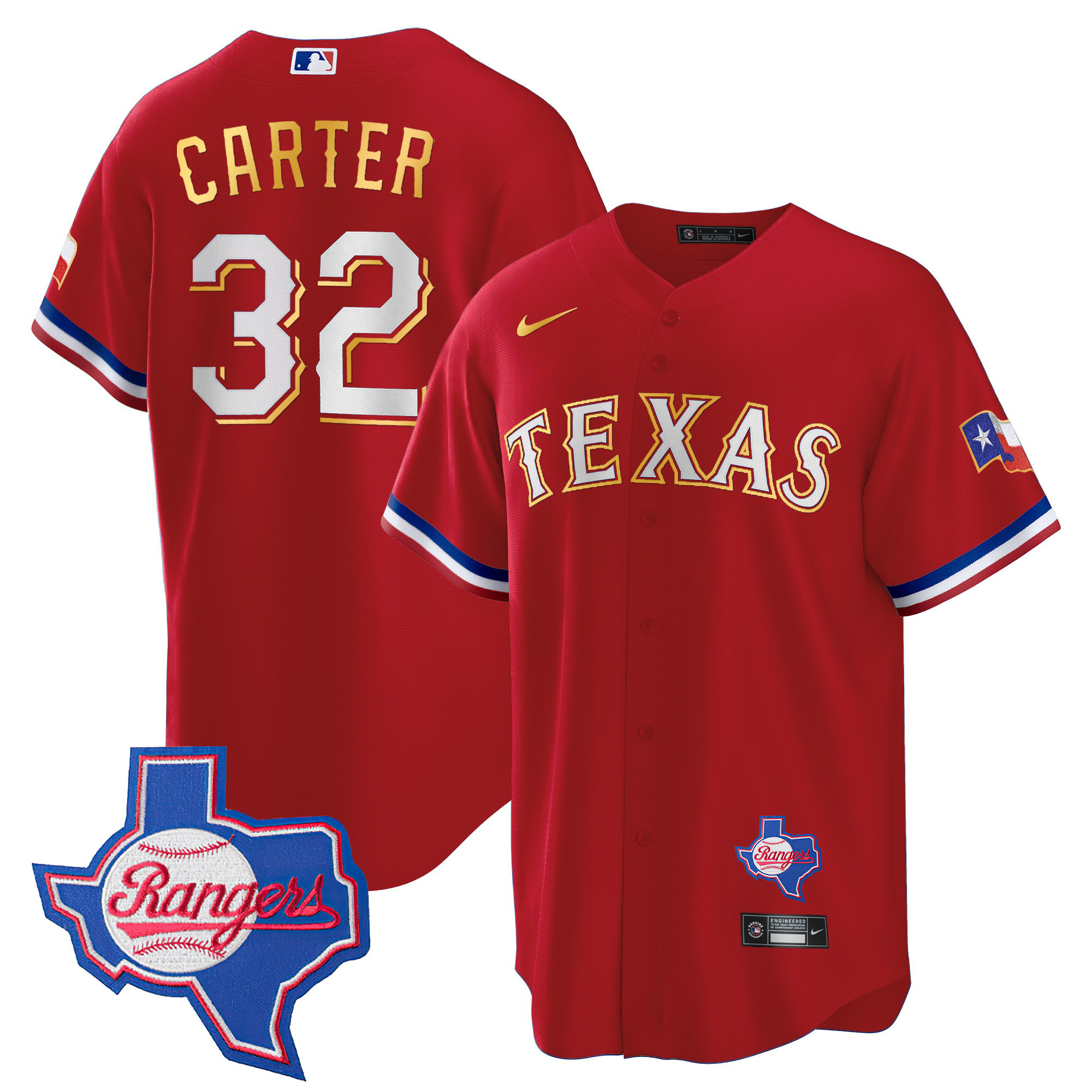 Men's Texas Rangers Gold Trim Cool Base Jersey - Texas Patch - All Stitched - Image 17