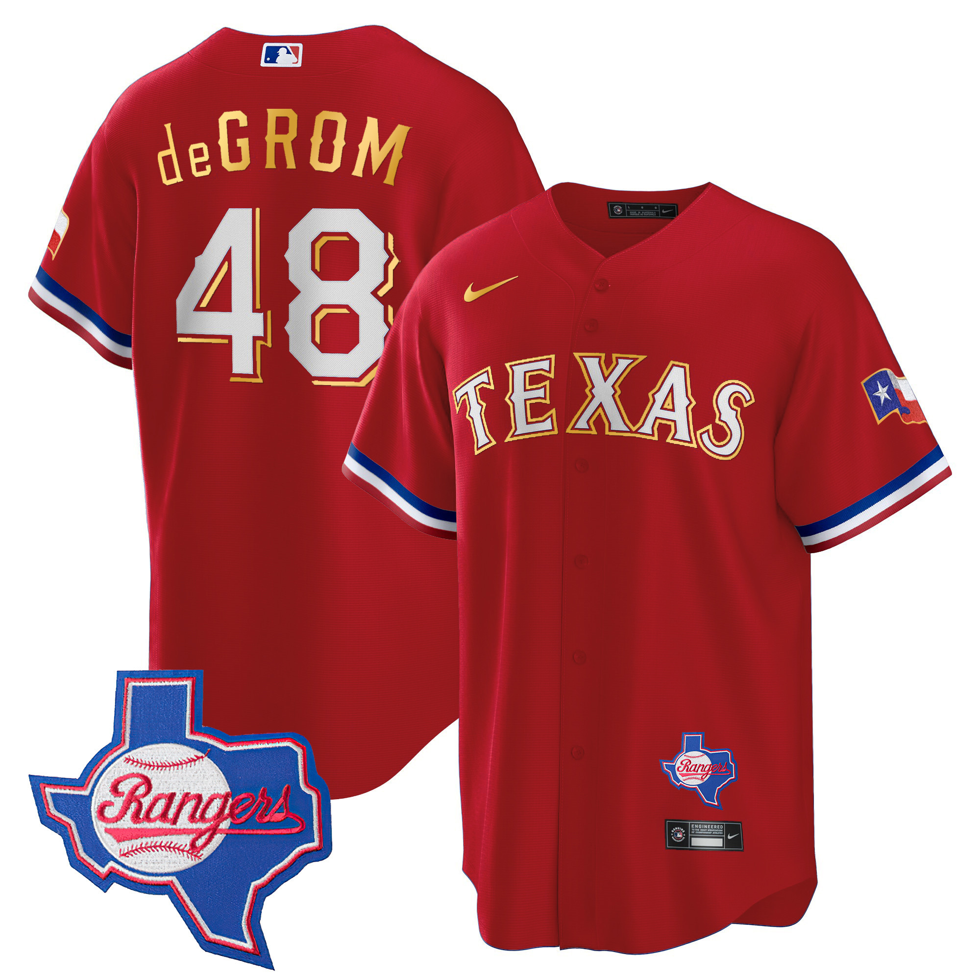 Men's Texas Rangers Gold Trim Cool Base Jersey - Texas Patch - All Stitched - Image 13