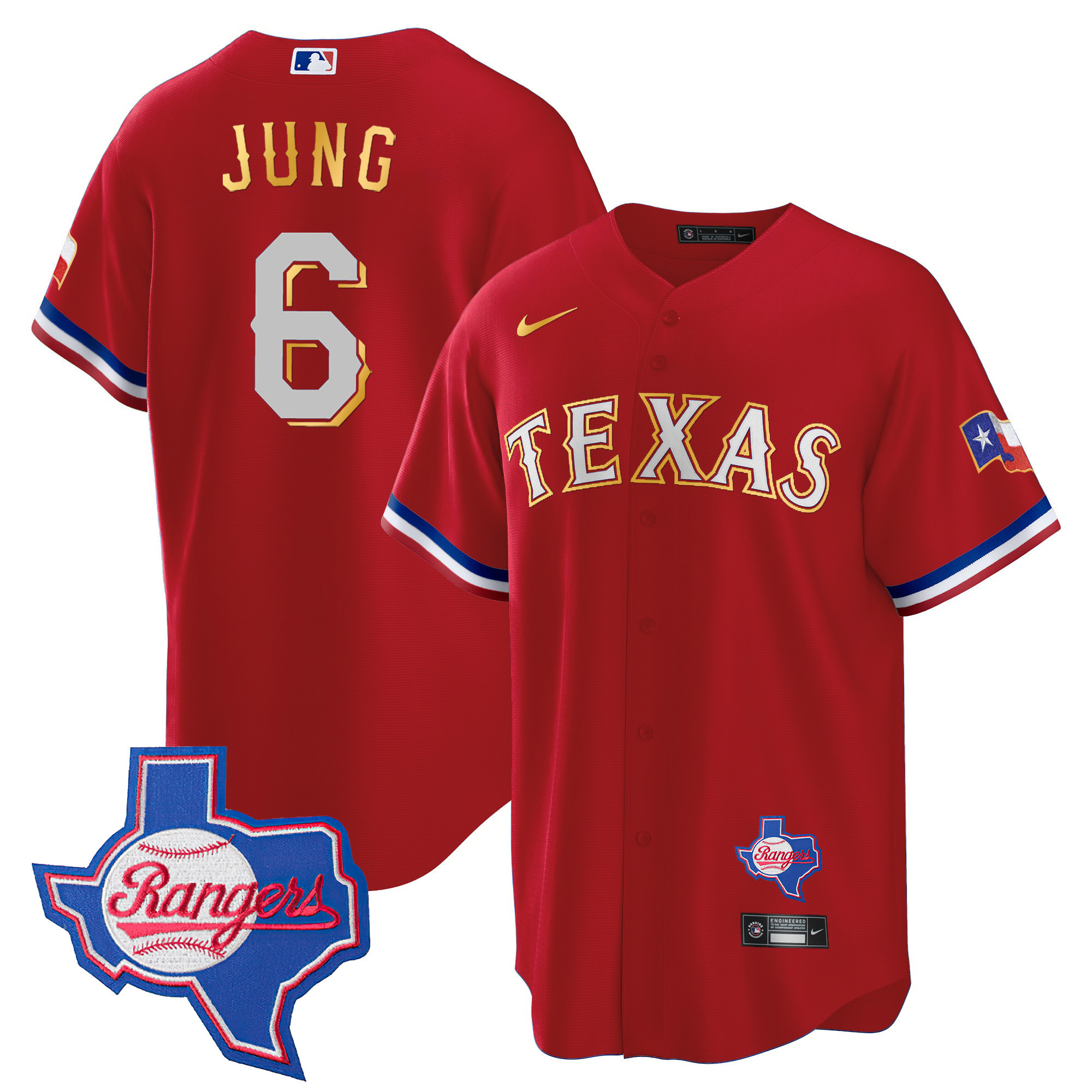 Men's Texas Rangers Gold Trim Cool Base Jersey - Texas Patch - All Stitched - Image 16