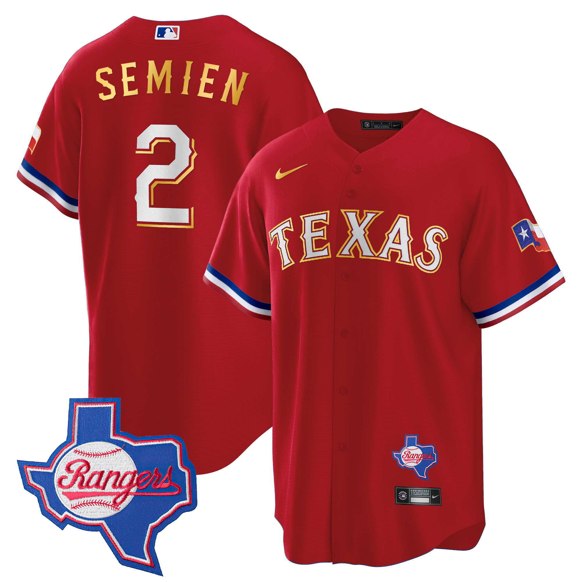 Men's Texas Rangers Gold Trim Cool Base Jersey - Texas Patch - All Stitched - Image 12