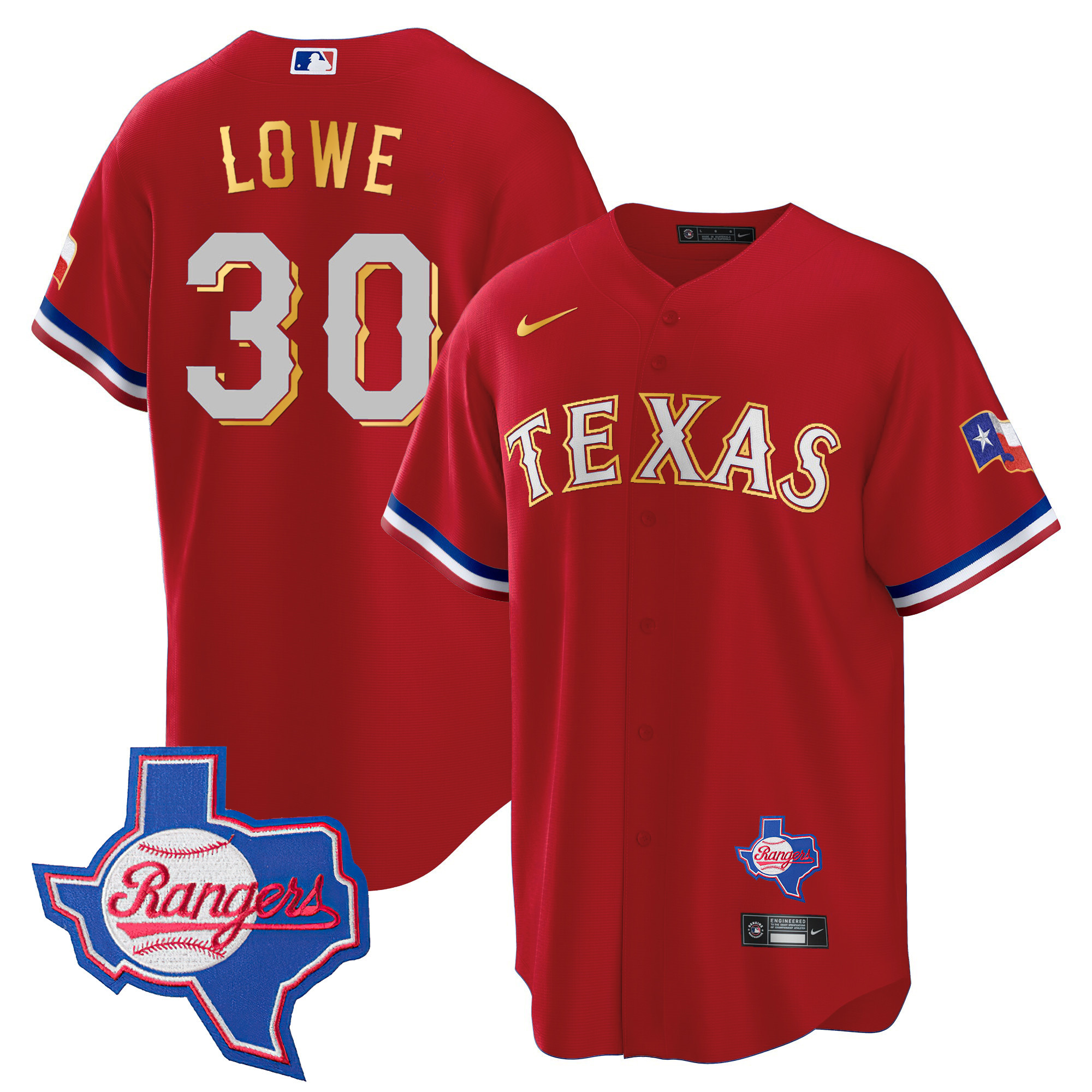 Men's Texas Rangers Gold Trim Cool Base Jersey - Texas Patch - All Stitched - Image 14