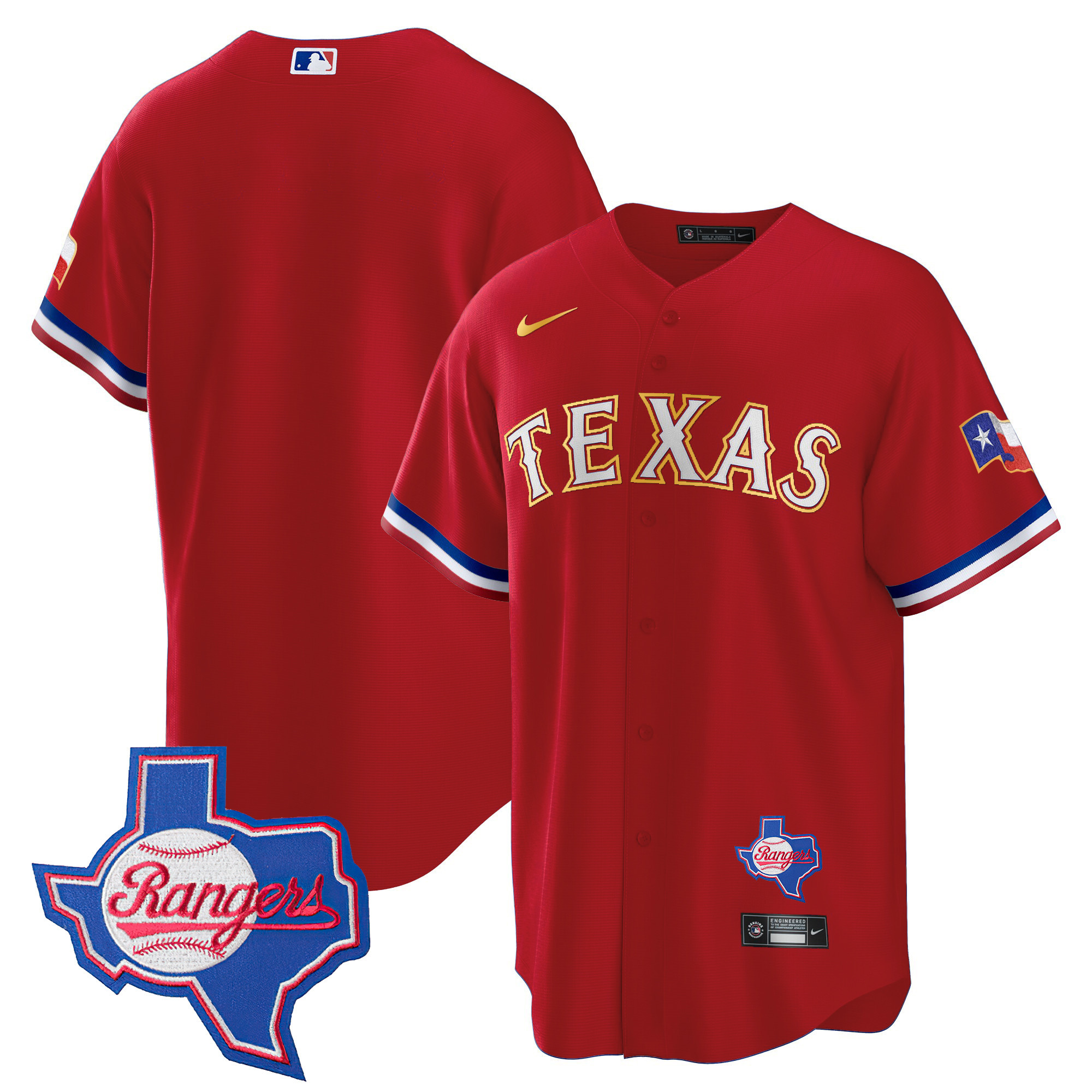 Men's Texas Rangers Gold Trim Cool Base Jersey - Texas Patch - All Stitched - Image 20