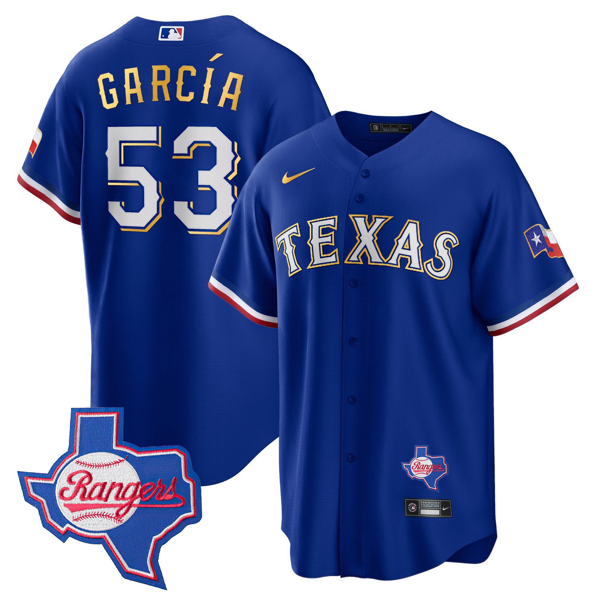 Men's Texas Rangers Gold Trim Cool Base Jersey - Texas Patch - All Stitched - Image 5