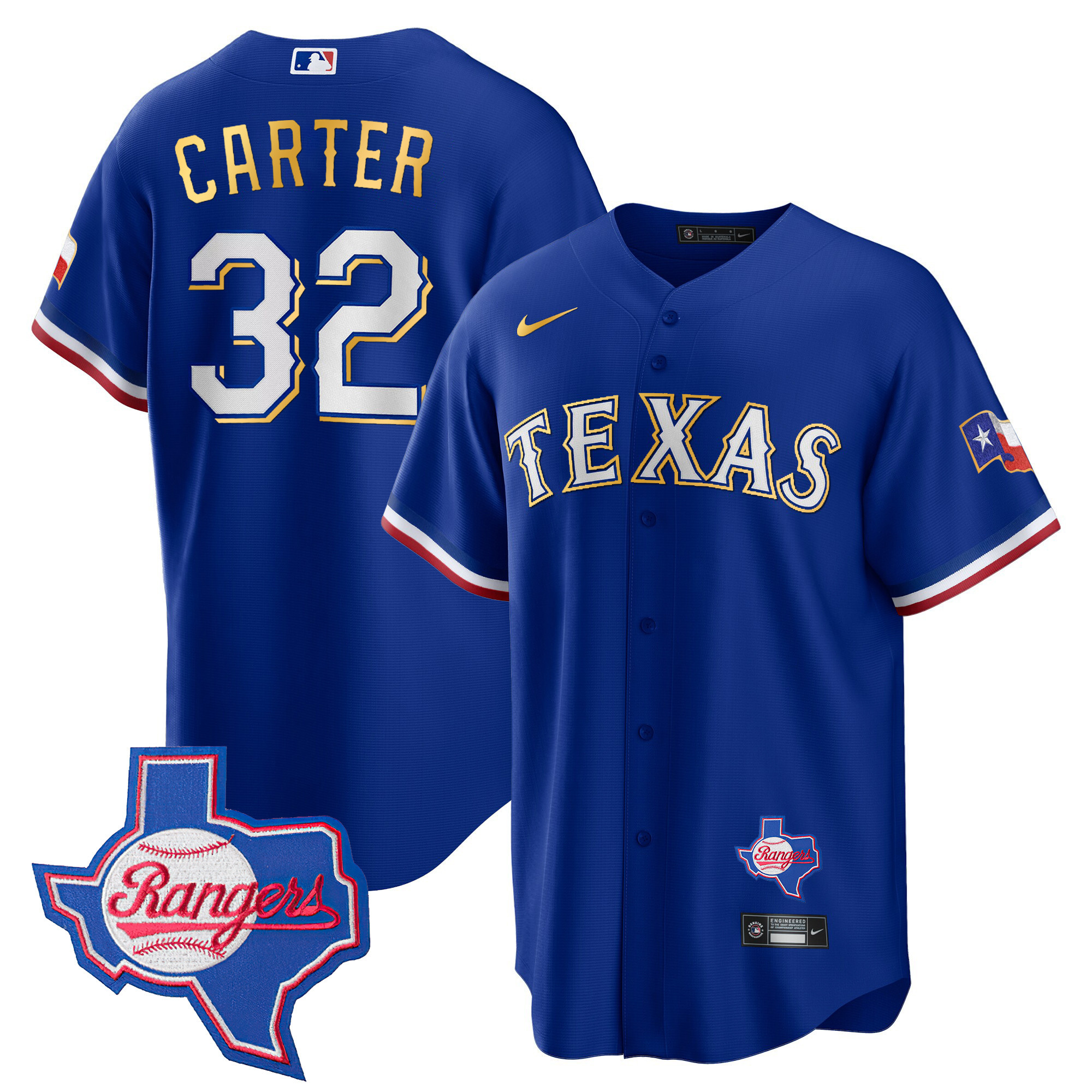 Men's Texas Rangers Gold Trim Cool Base Jersey - Texas Patch - All Stitched - Image 7