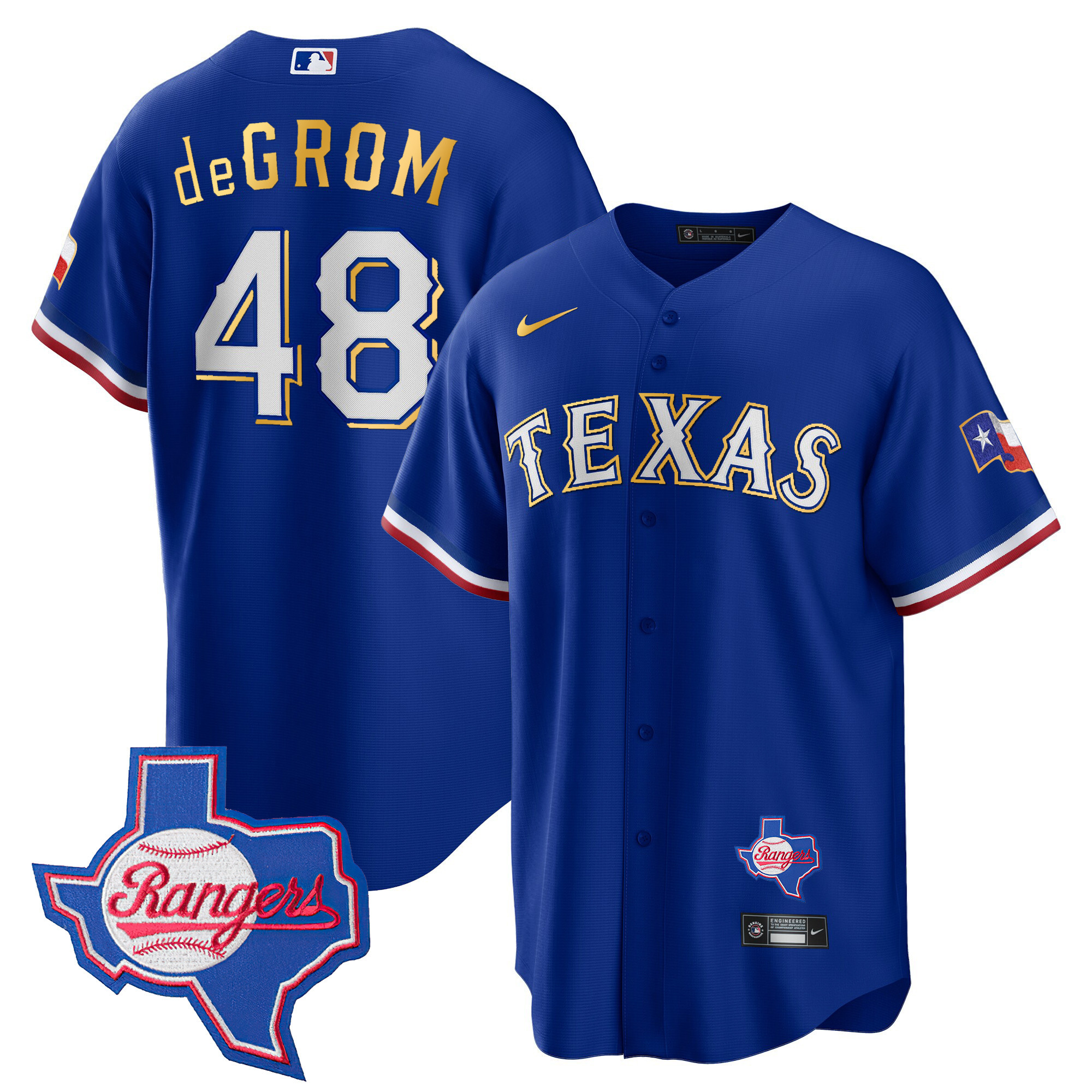 Men's Texas Rangers Gold Trim Cool Base Jersey - Texas Patch - All Stitched - Image 3