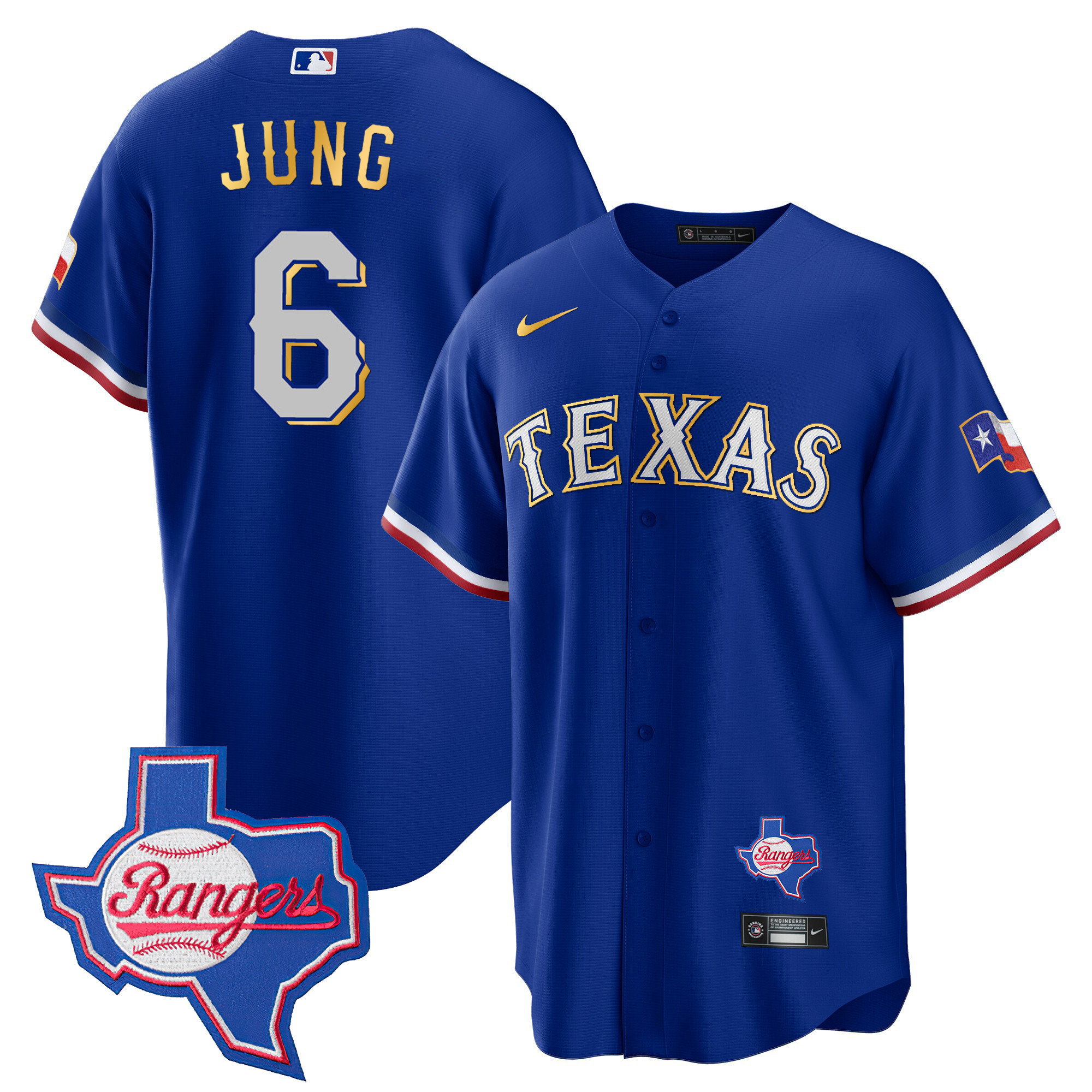 Men's Texas Rangers Gold Trim Cool Base Jersey - Texas Patch - All Stitched - Image 6