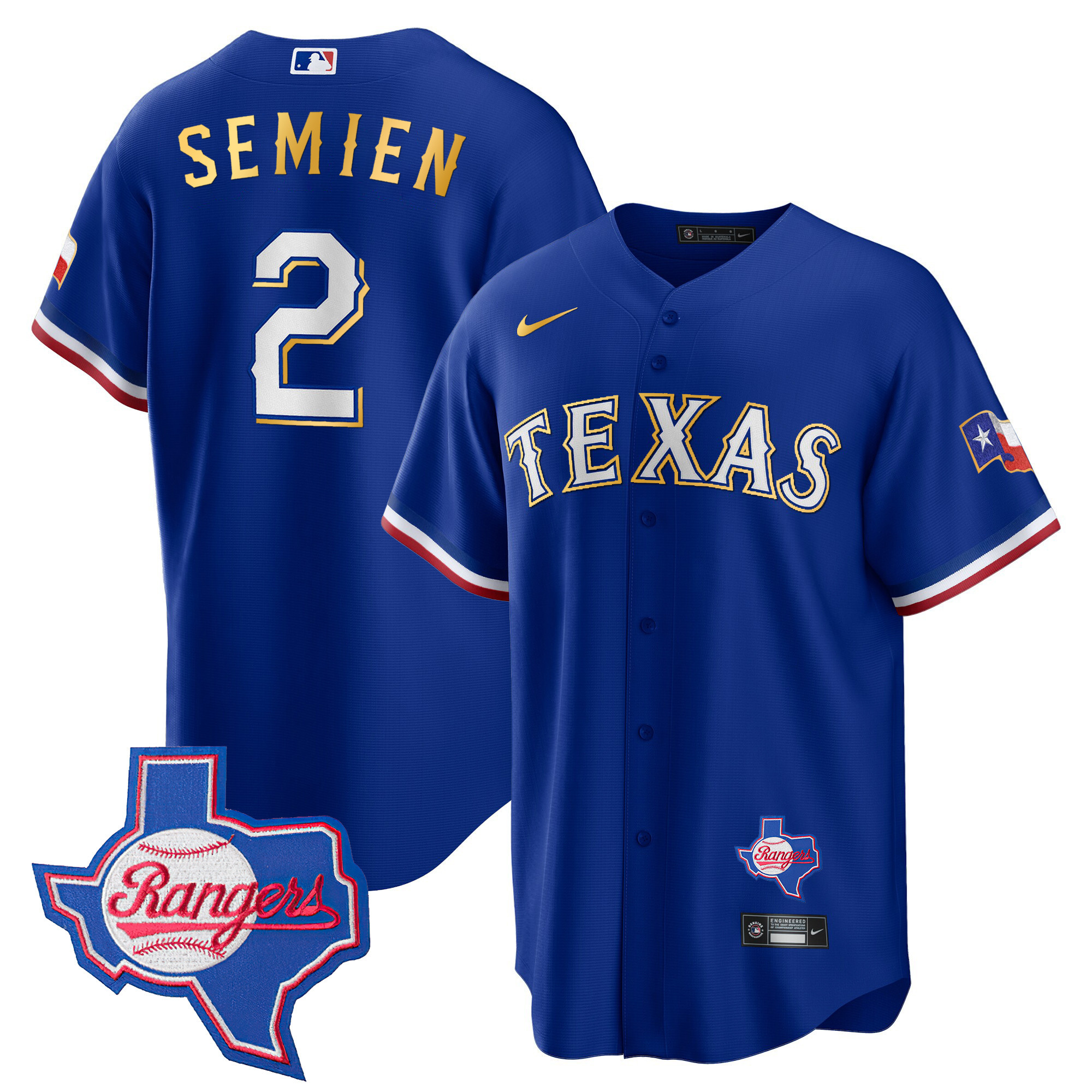 Men's Texas Rangers Gold Trim Cool Base Jersey - Texas Patch - All Stitched - Image 2