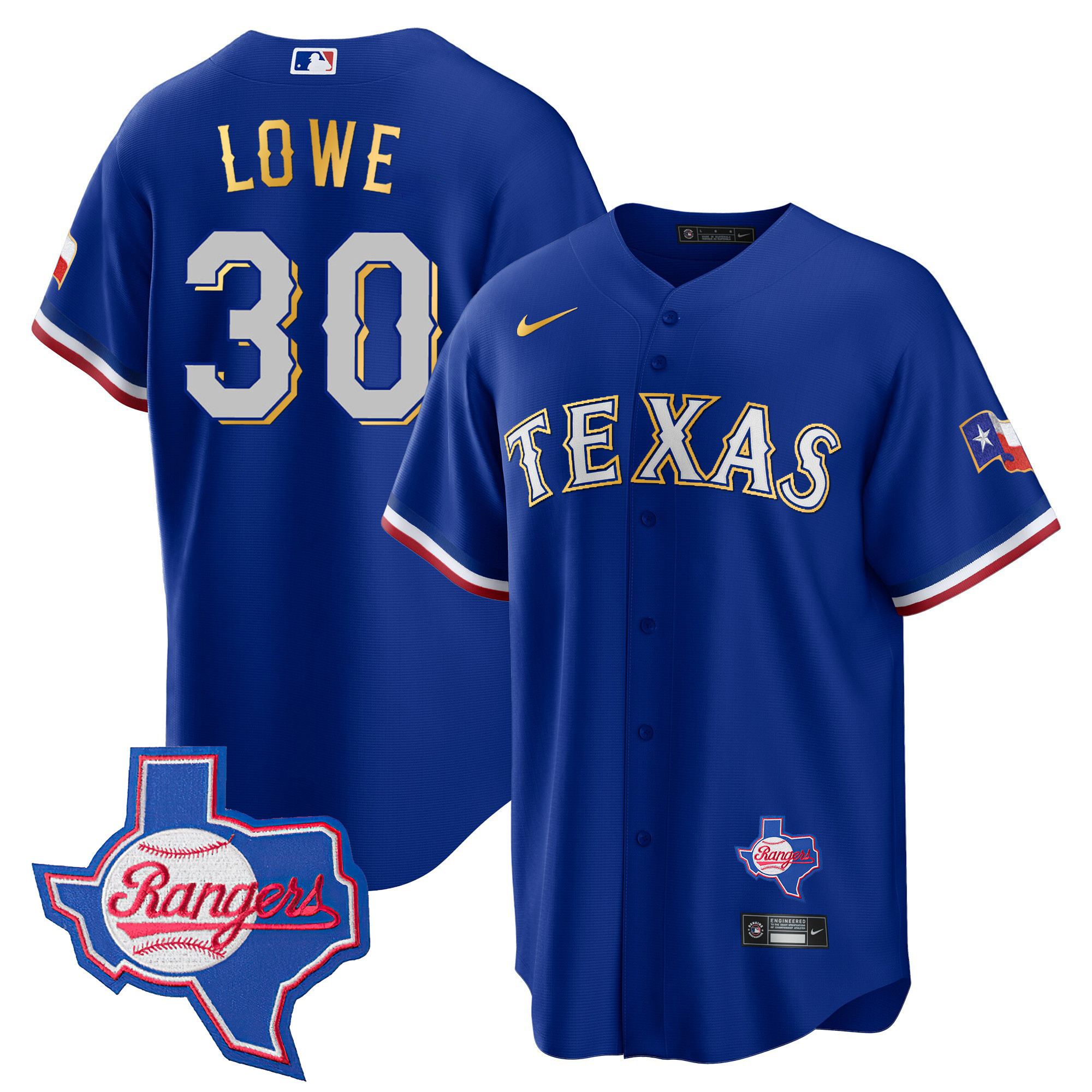Men's Texas Rangers Gold Trim Cool Base Jersey - Texas Patch - All Stitched - Image 4