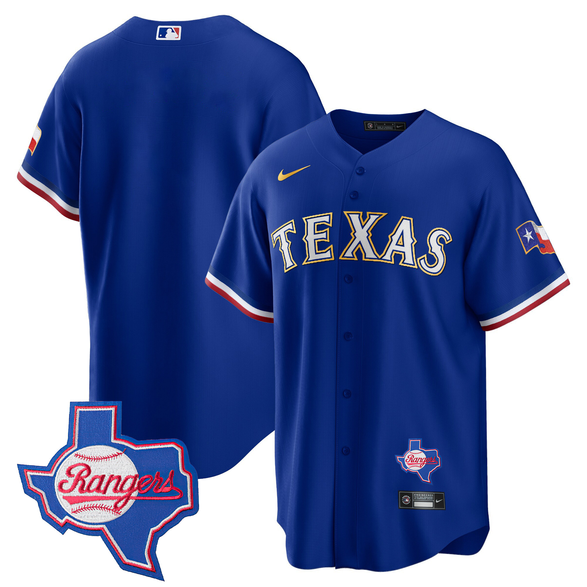 Men's Texas Rangers Gold Trim Cool Base Jersey - Texas Patch - All Stitched - Image 10