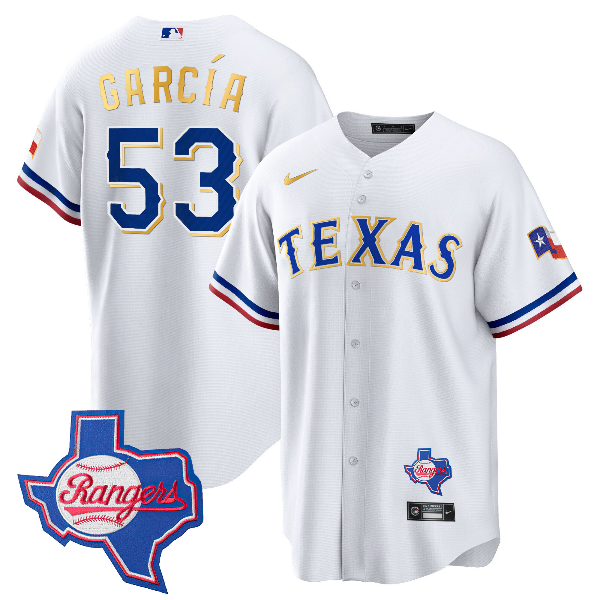 Men's Texas Rangers Gold Trim Cool Base Jersey - Texas Patch - All Stitched - Image 35