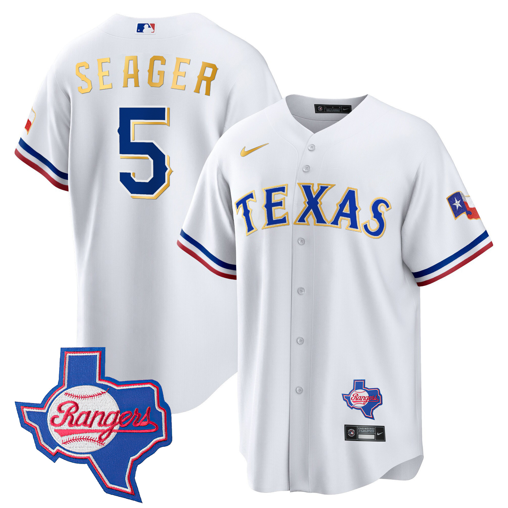 Men's Texas Rangers Gold Trim Cool Base Jersey - Texas Patch - All Stitched - Image 31